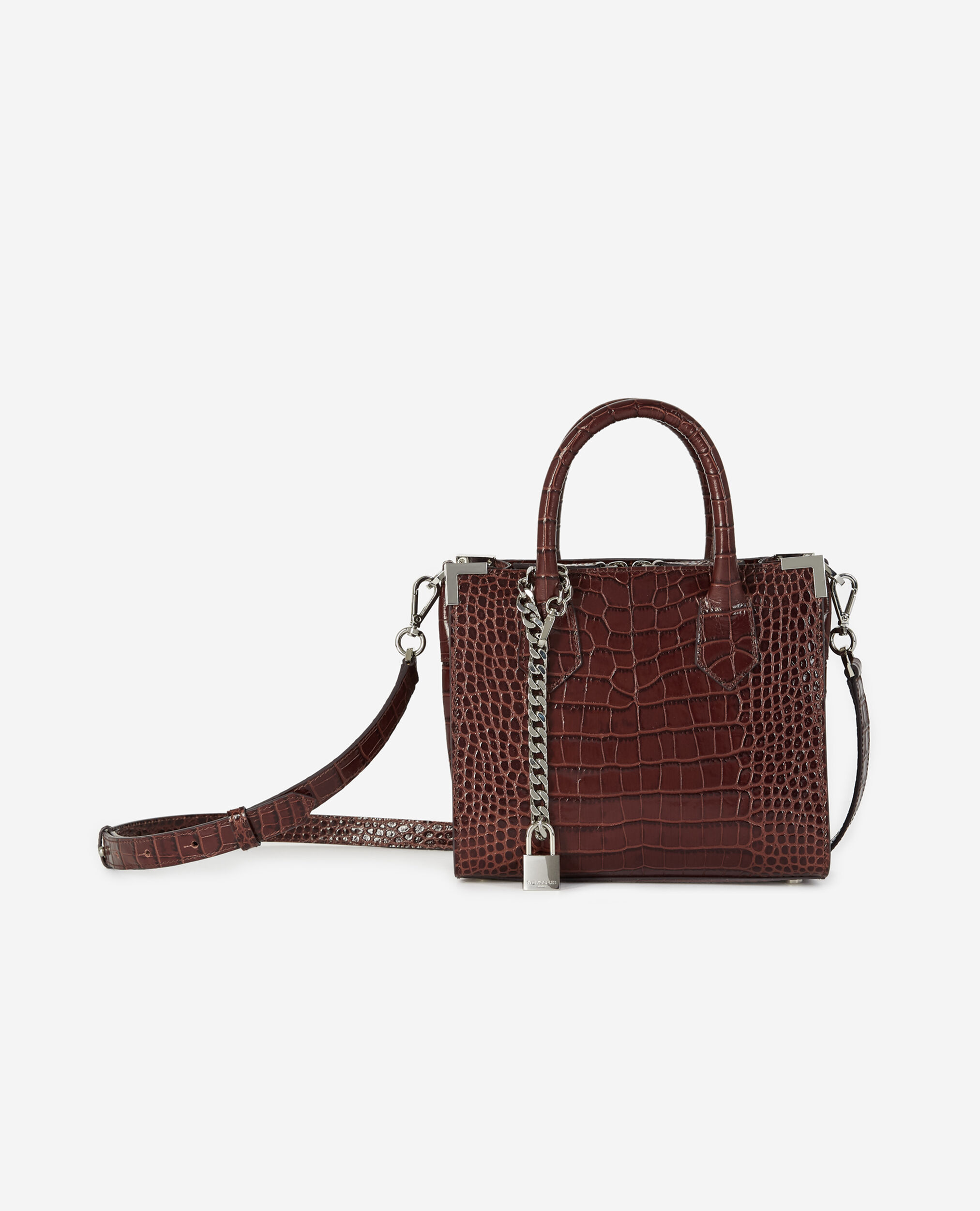 croco-print Ming bag in brown leather DARK BROWN