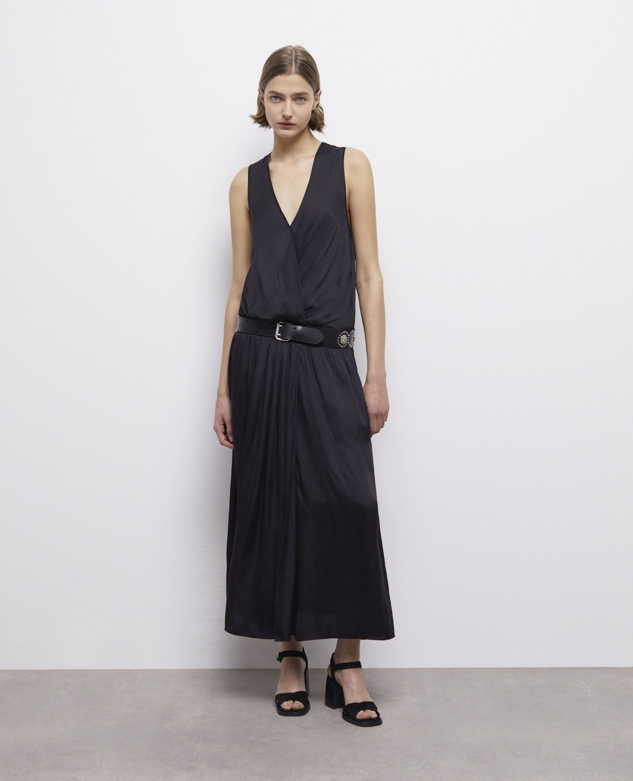 Long black satin dress BLACK