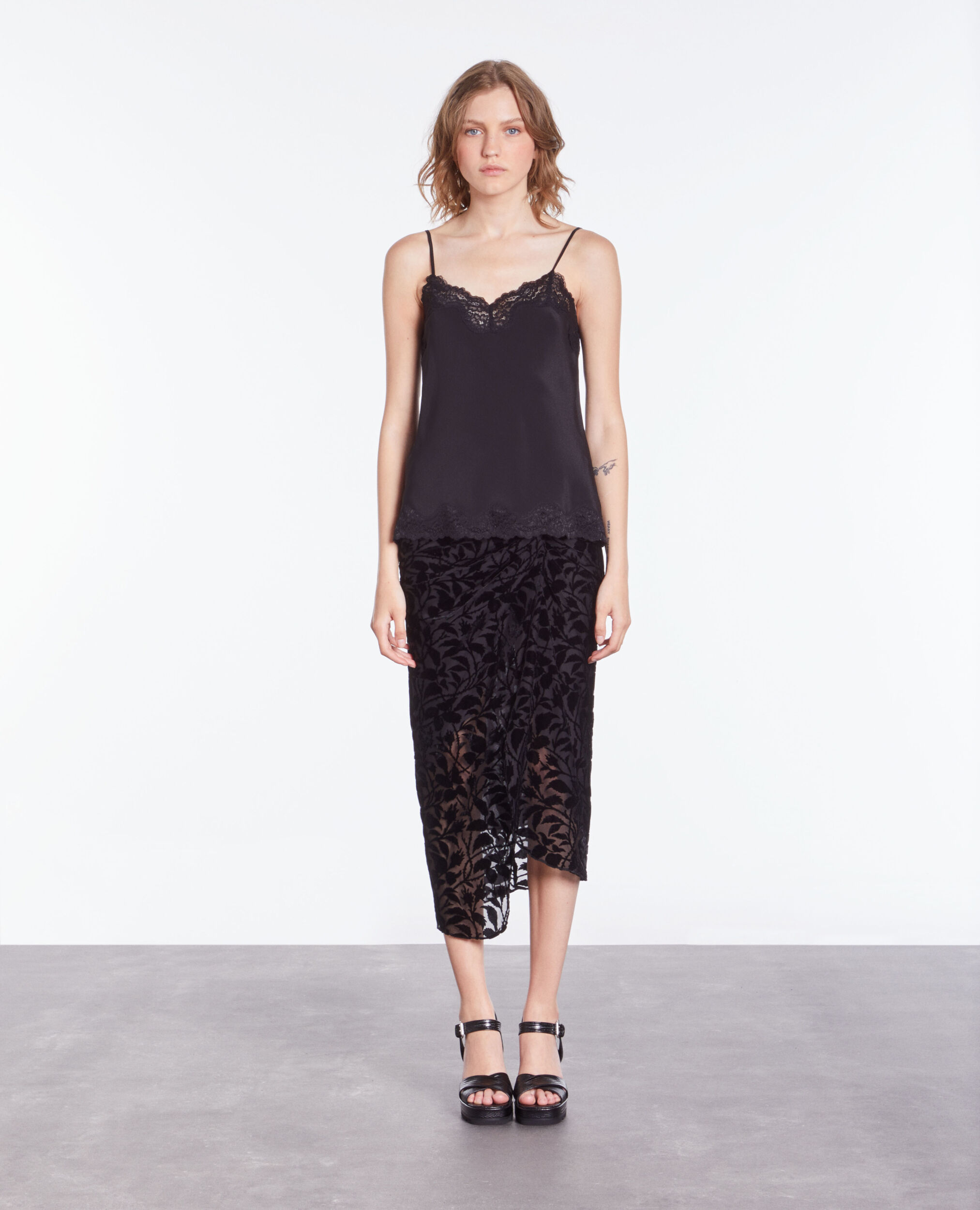 Black silk camisole with lace details BLACK