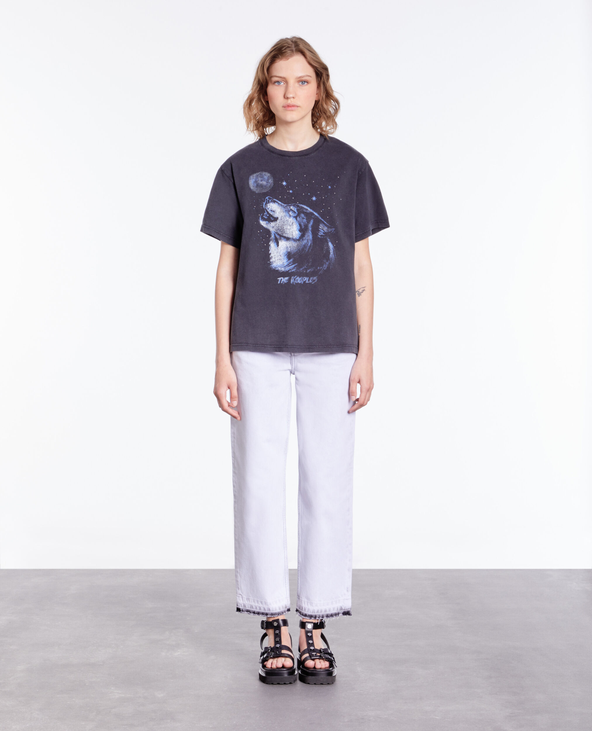 Women's black t-shirt with wolf serigraphy BLACK WASHED