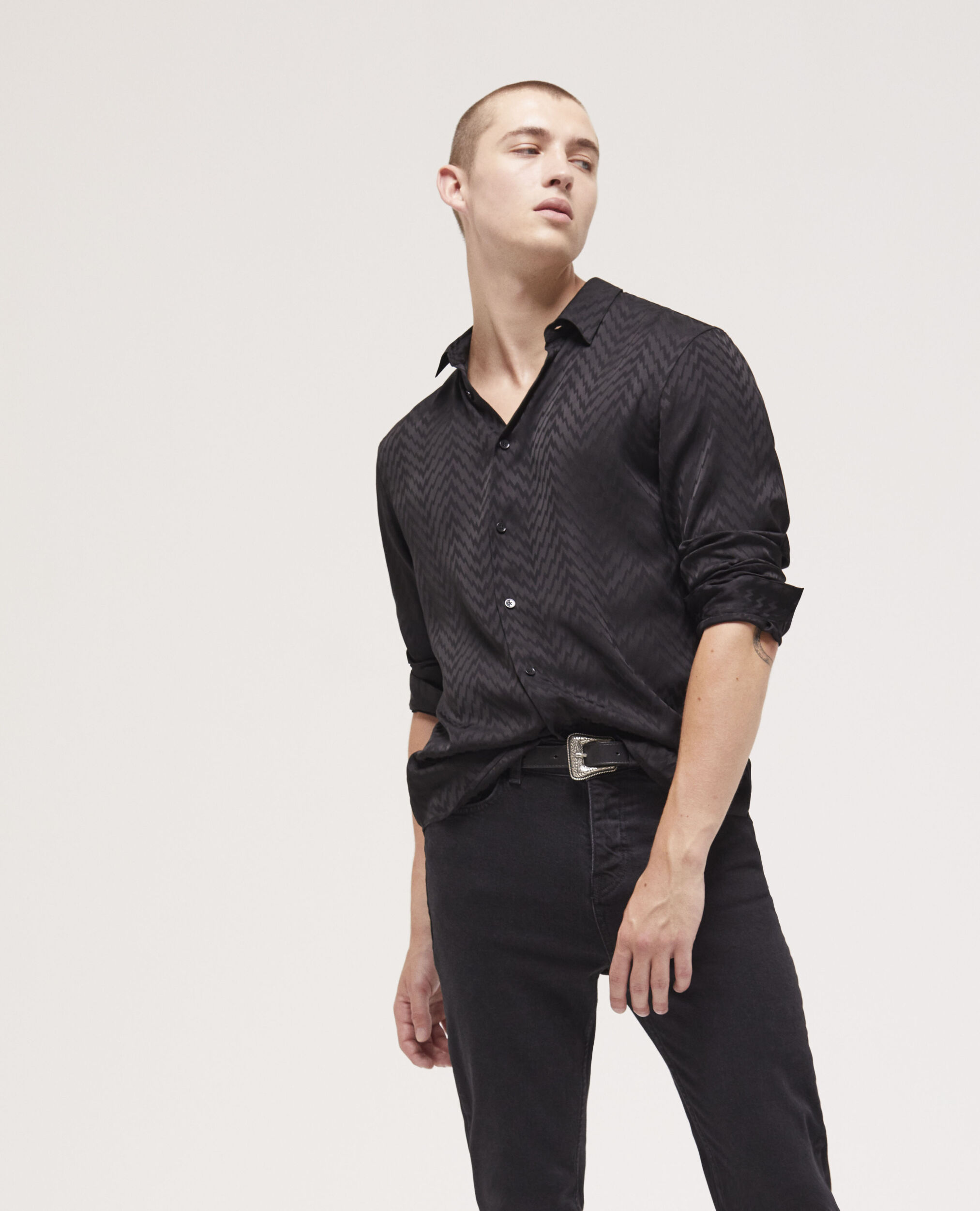 Black jacquard shirt with classic collar BLACK
