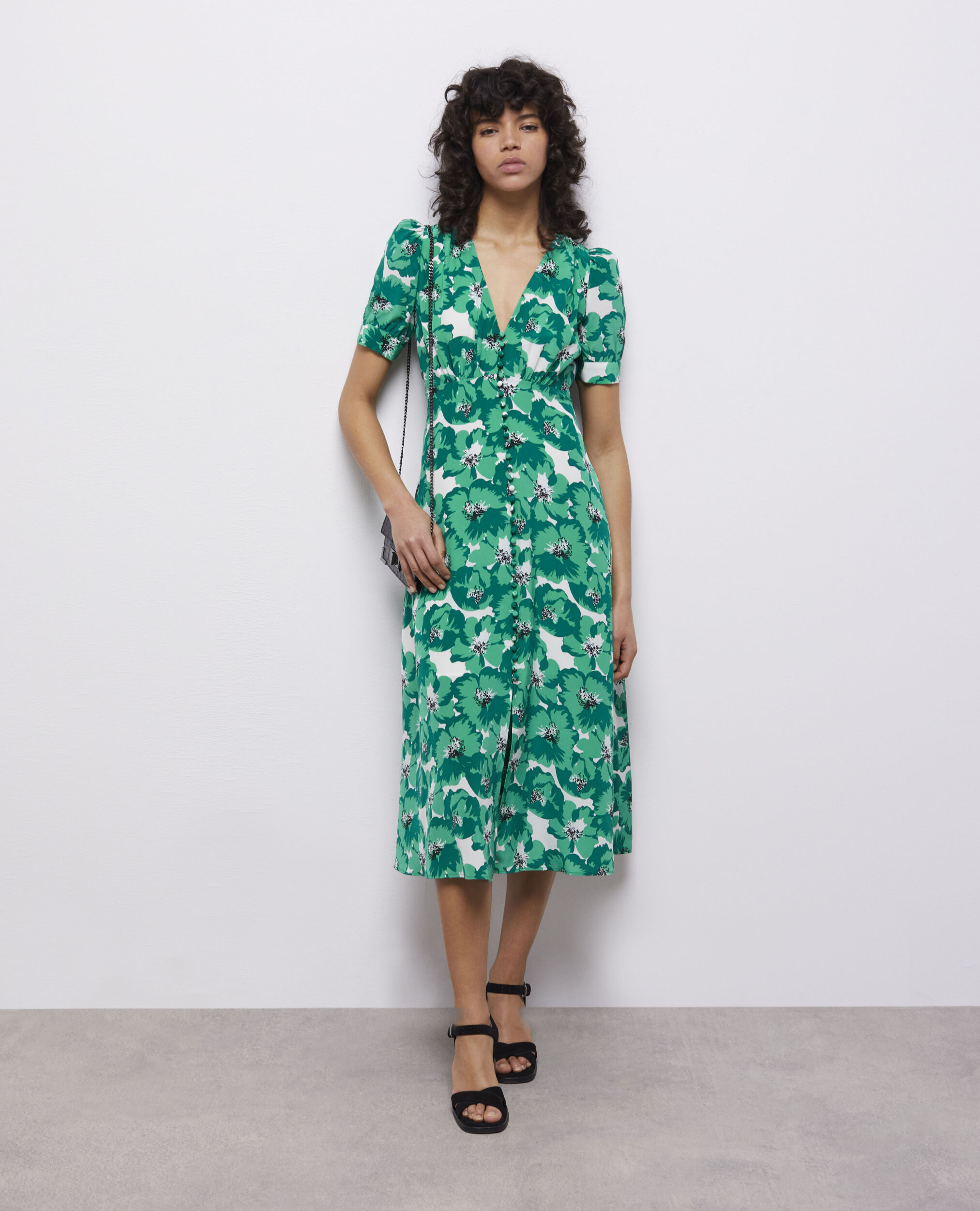 Long printed dress with buttoning GREEN