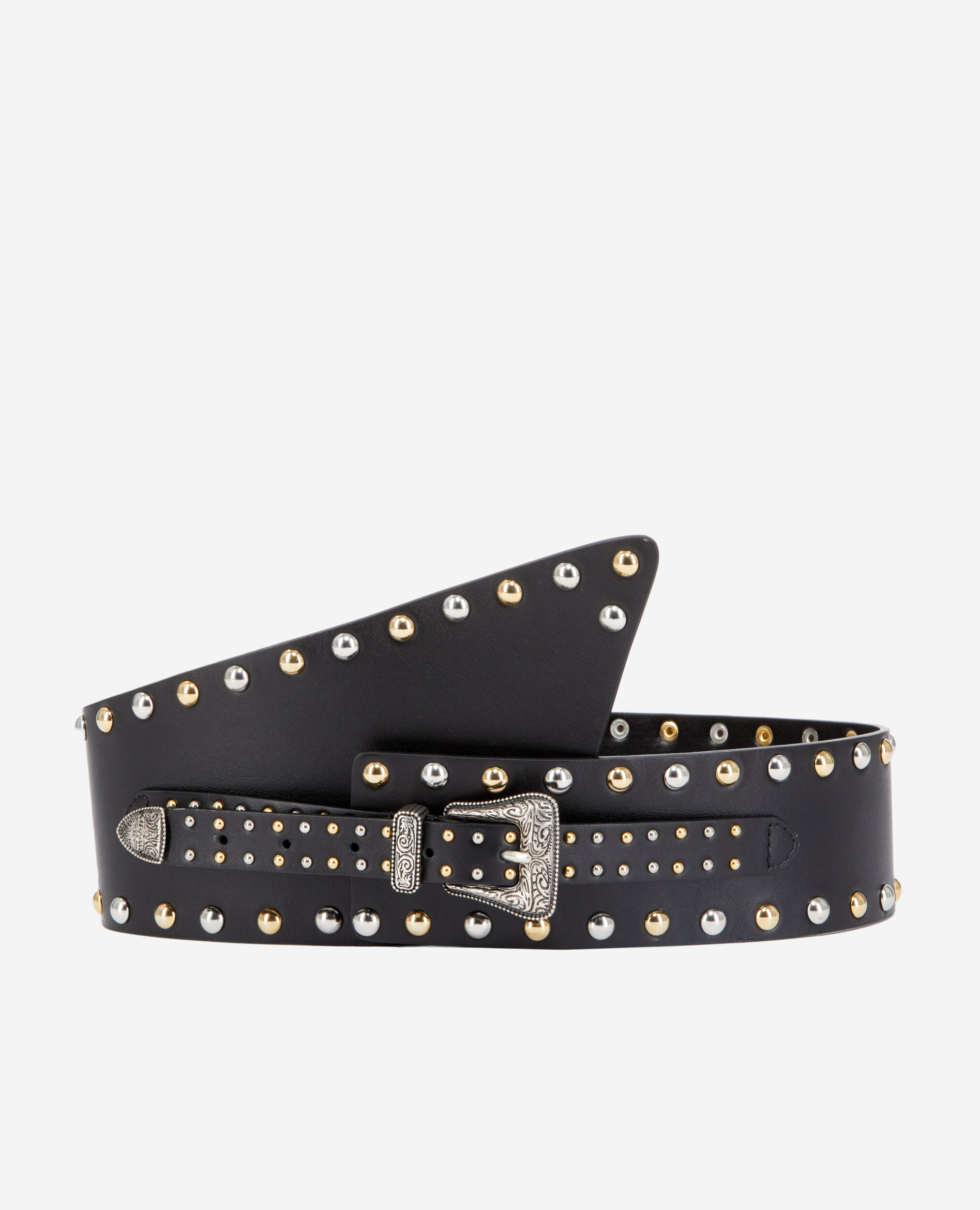 Wide black leather belt with studs and Western buckle BLACK