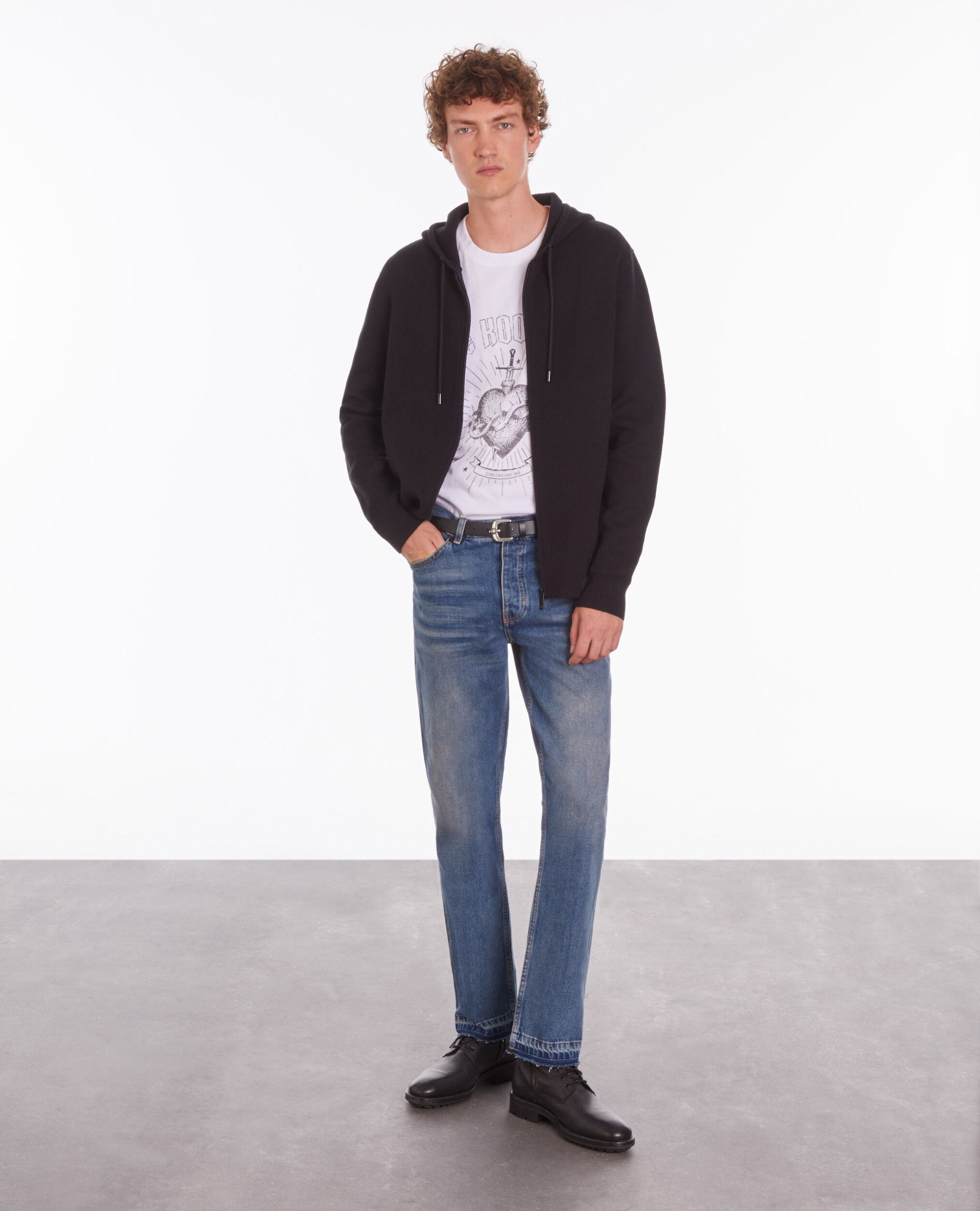 Black wool blend hooded cardigan BLACK - RED