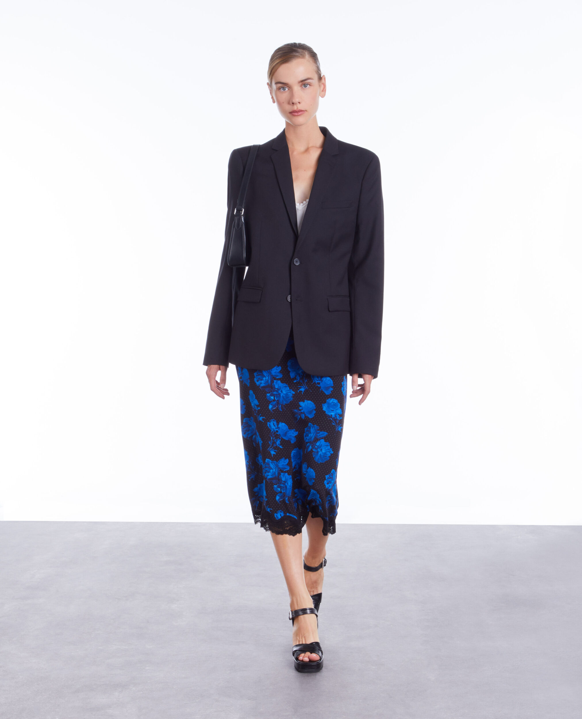Long printed silk skirt with lace details BLACK BLUE