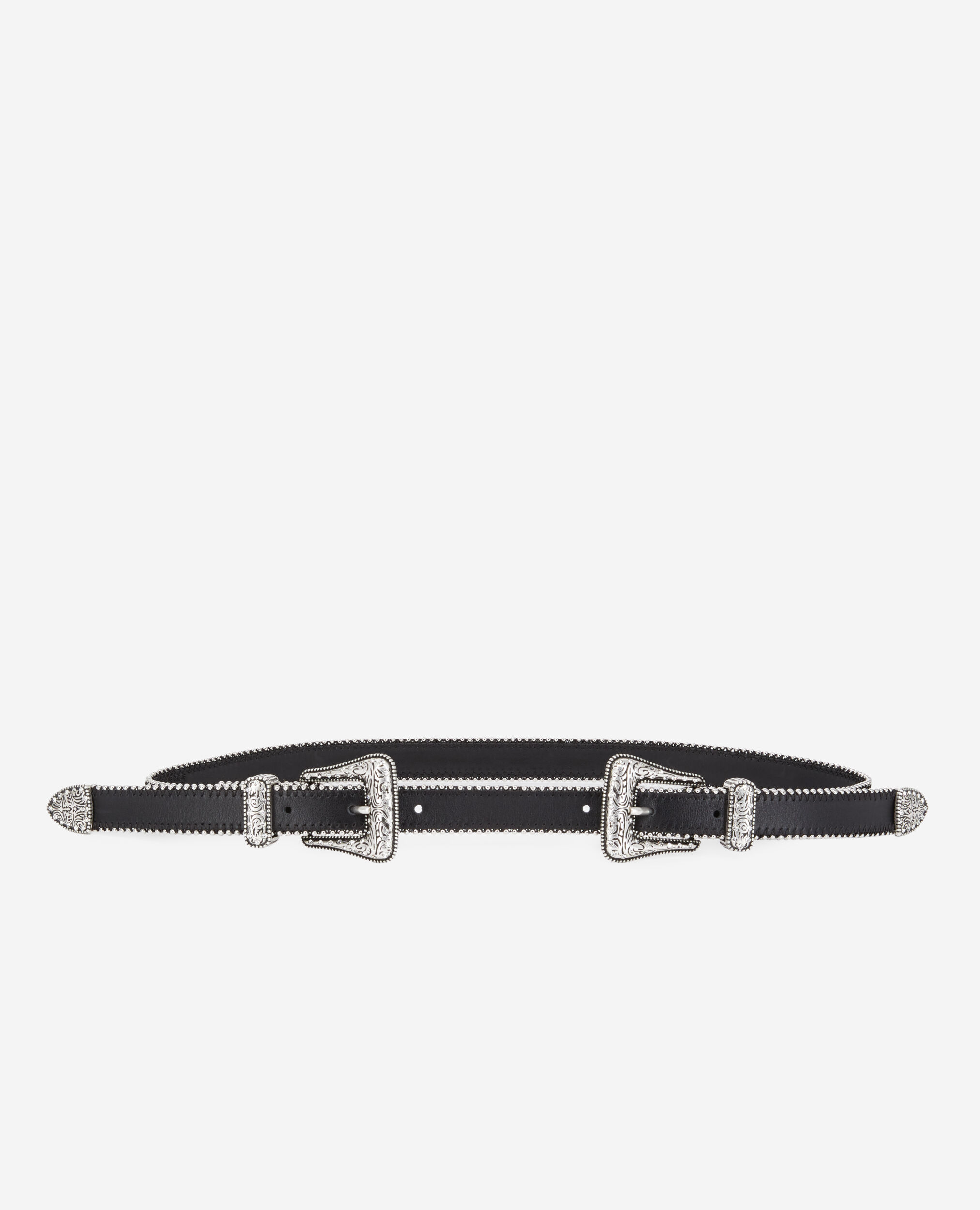 Black leather belt with double Western rhinestone buckle BLACK