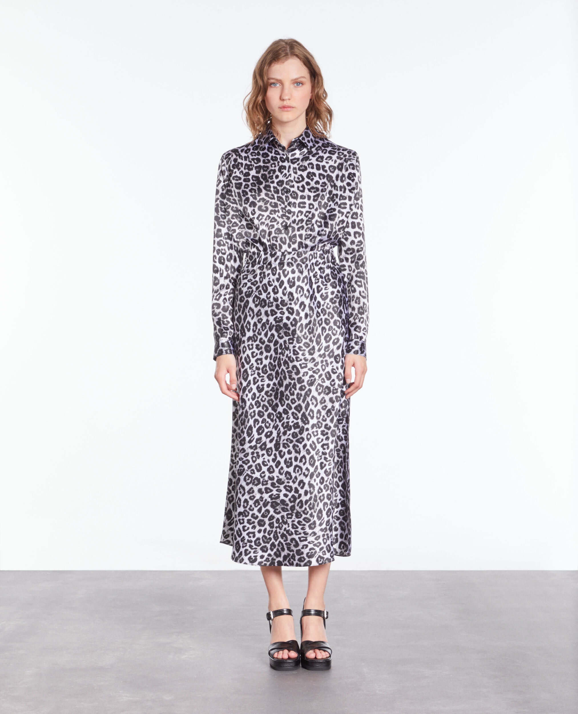 Long printed silk skirt BLACK WHITE LEOPARD