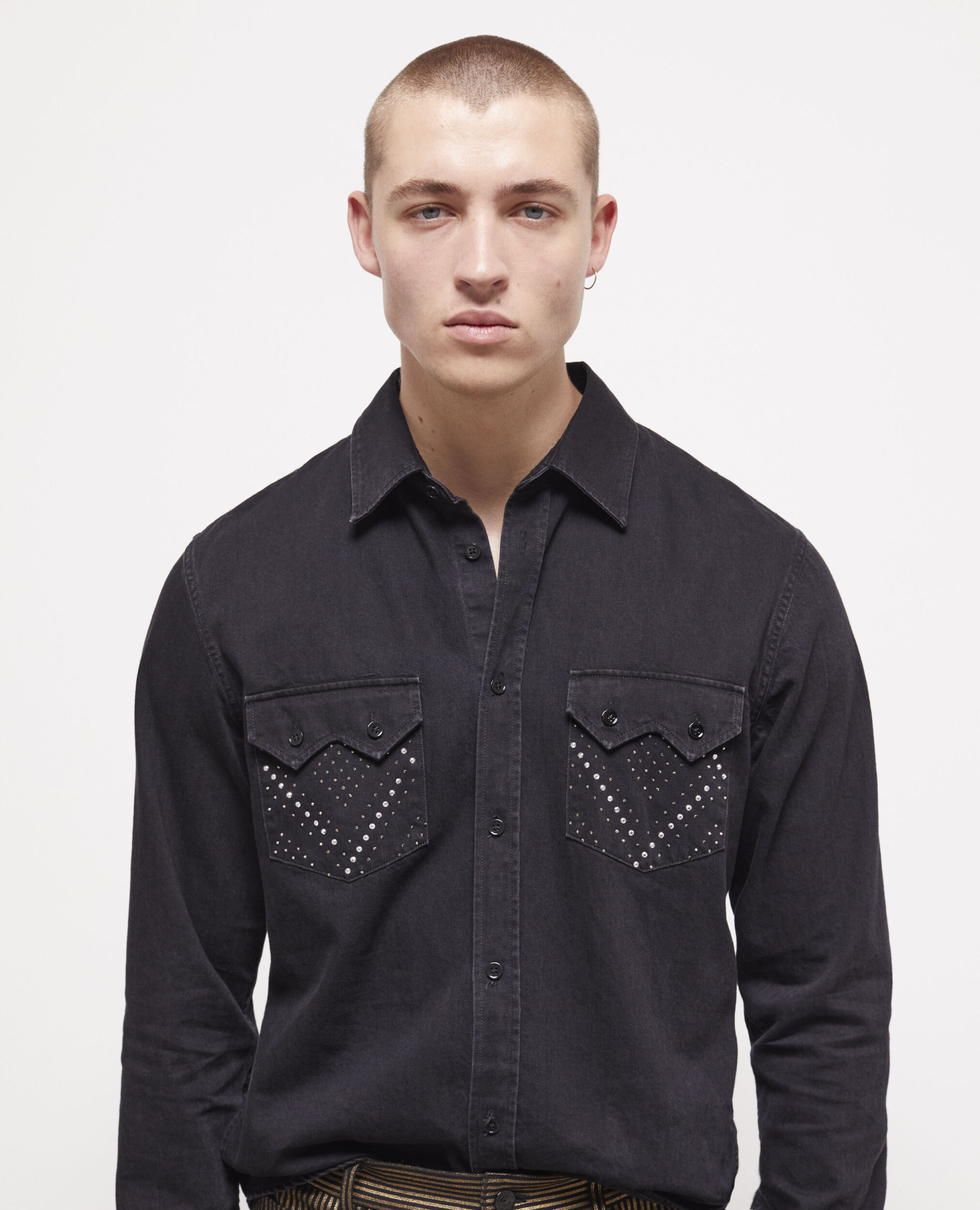 Black studded shirt with classic collar BLACK WASHED