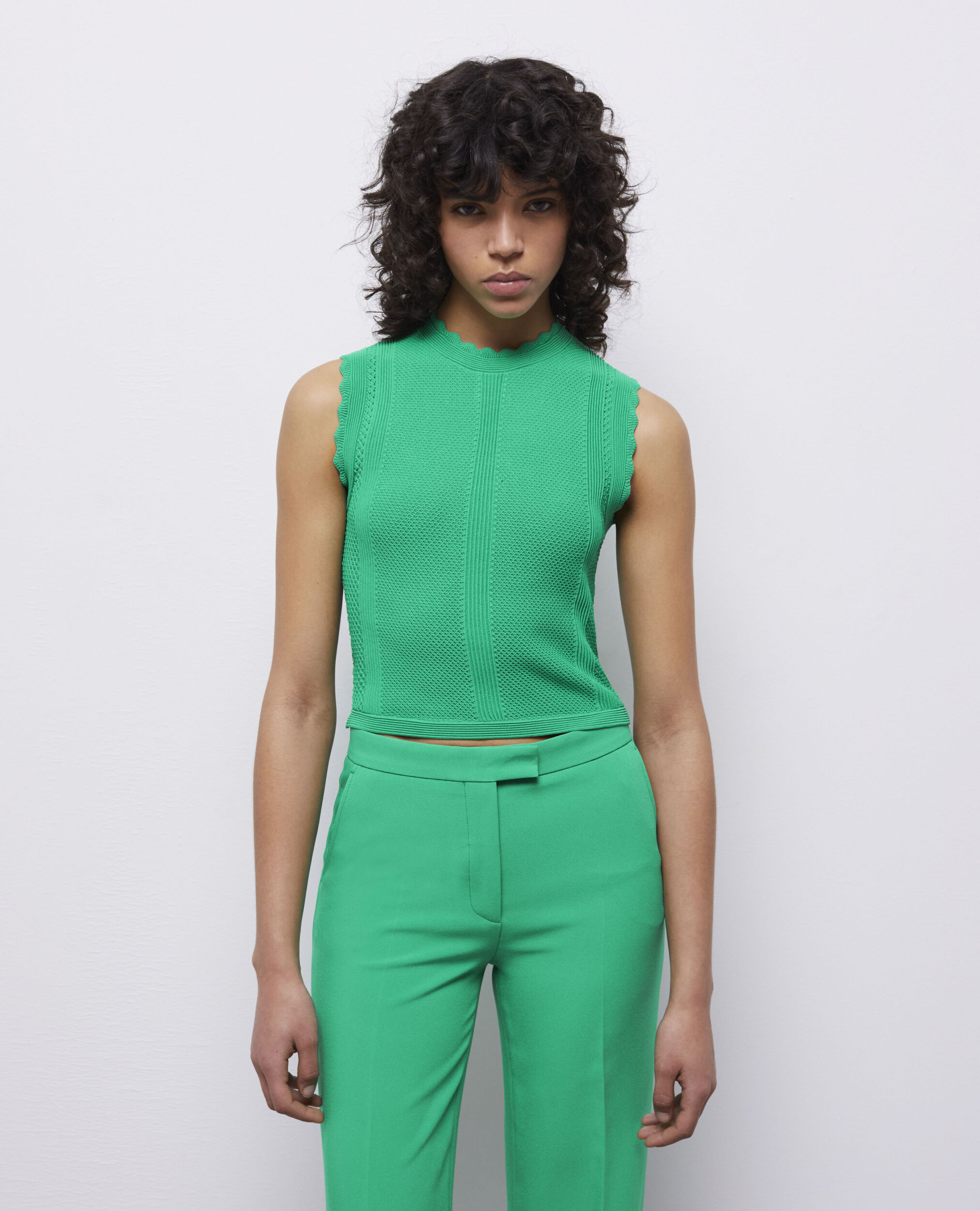 Green short openwork knit top GREEN
