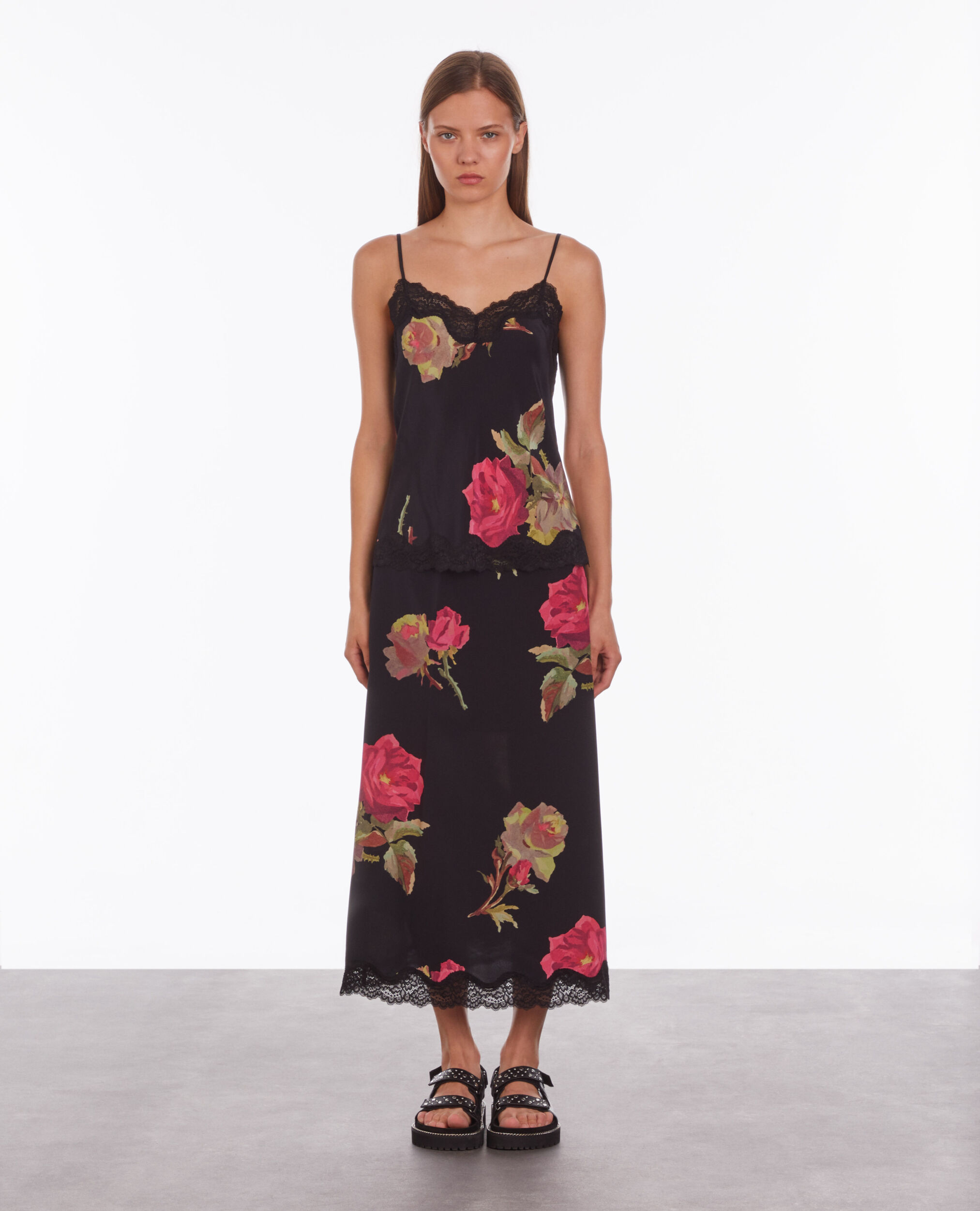 Printed silk camisole with lace PINK BLACK