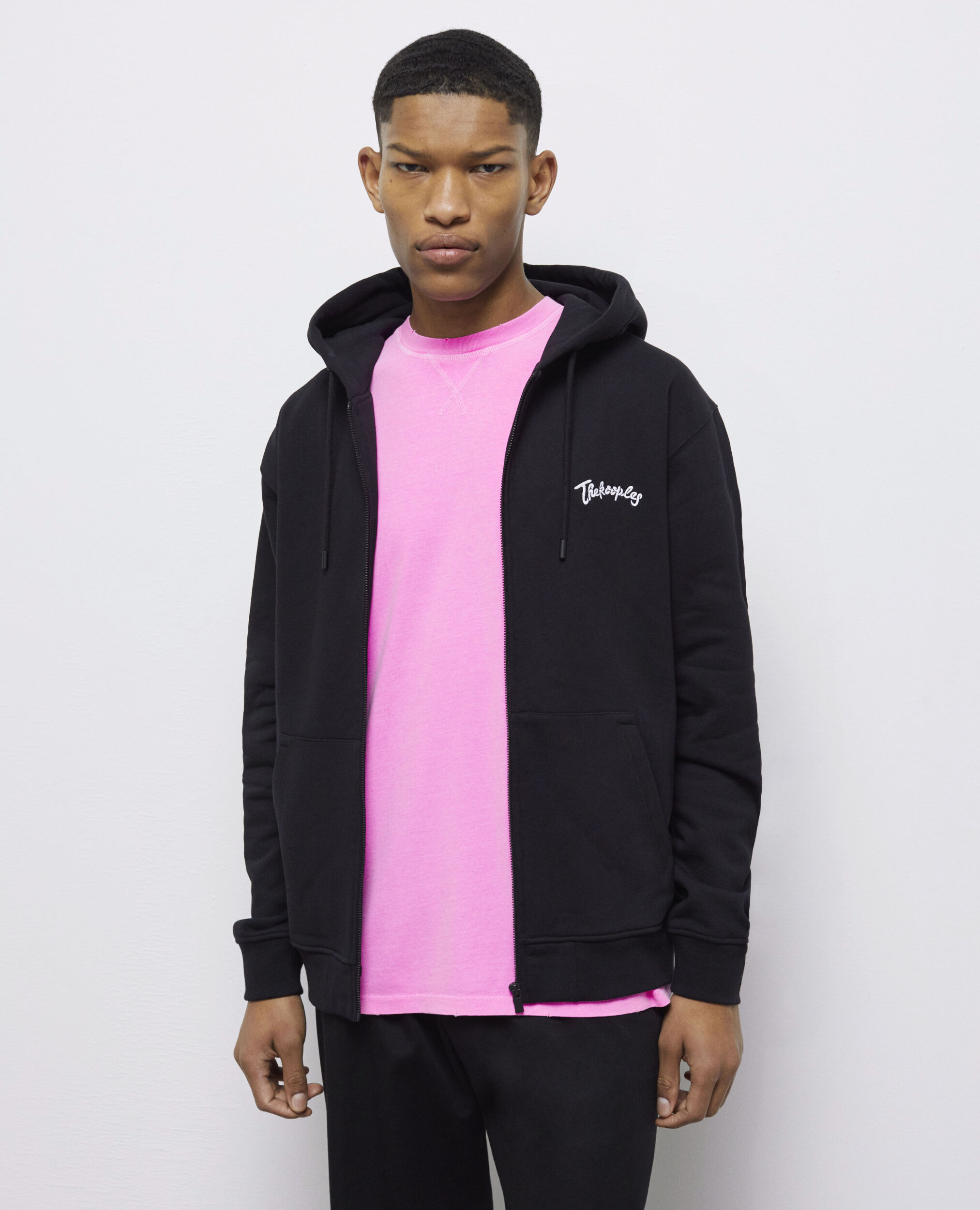 Zipped black hooded sweatshirt with embroidery BLACK