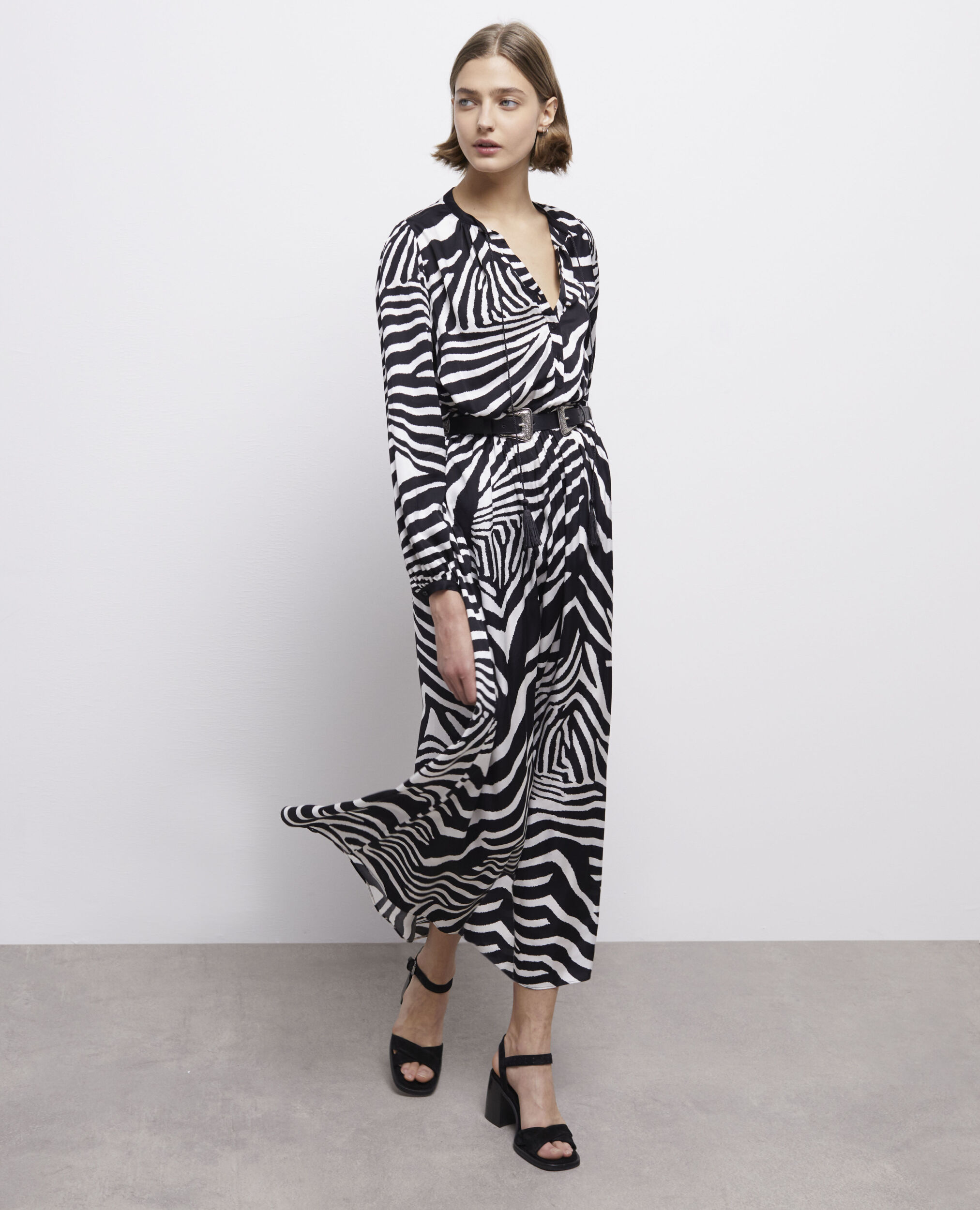 Long black printed dress BLACK WHITE