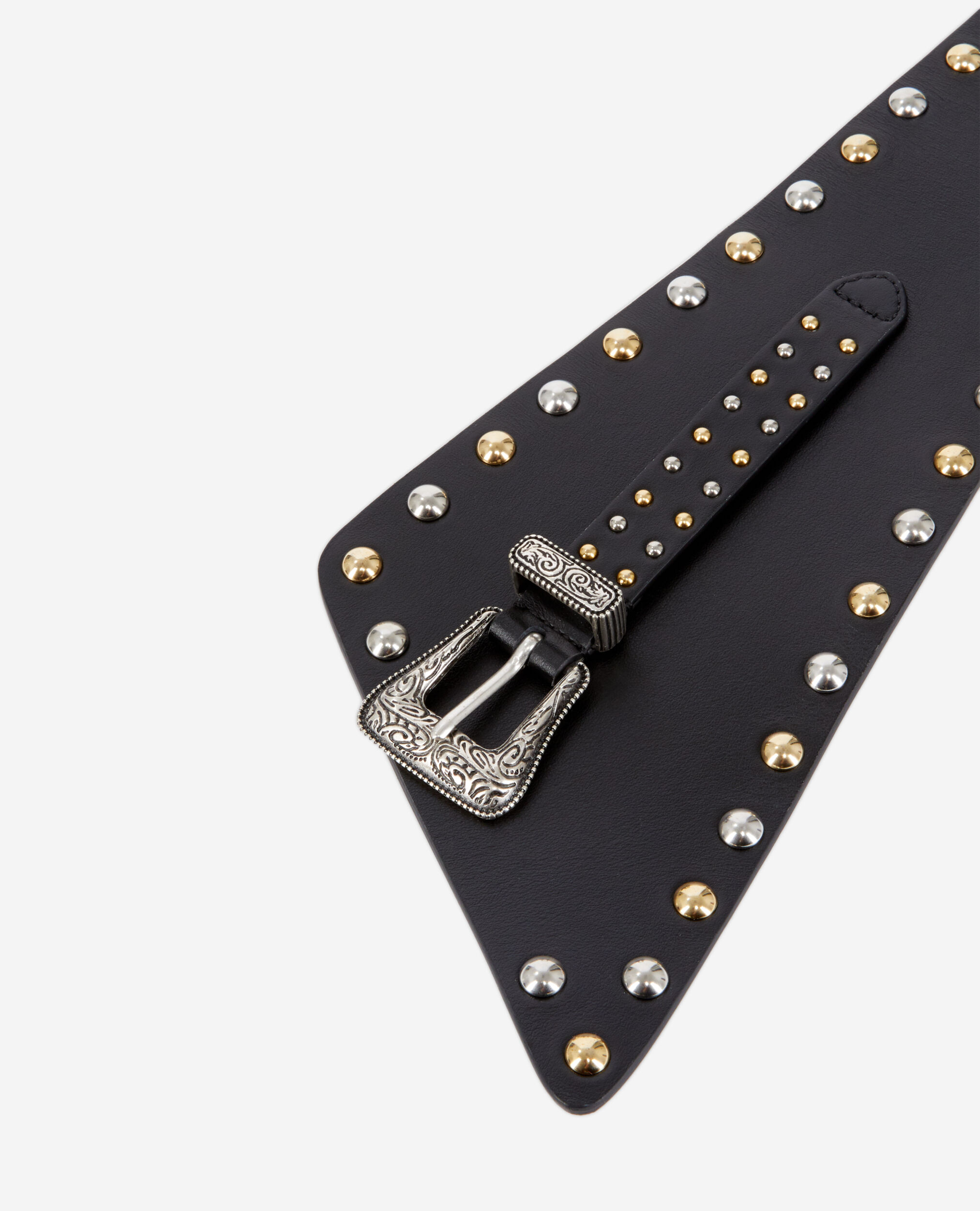 Wide black leather belt with studs and Western buckle BLACK