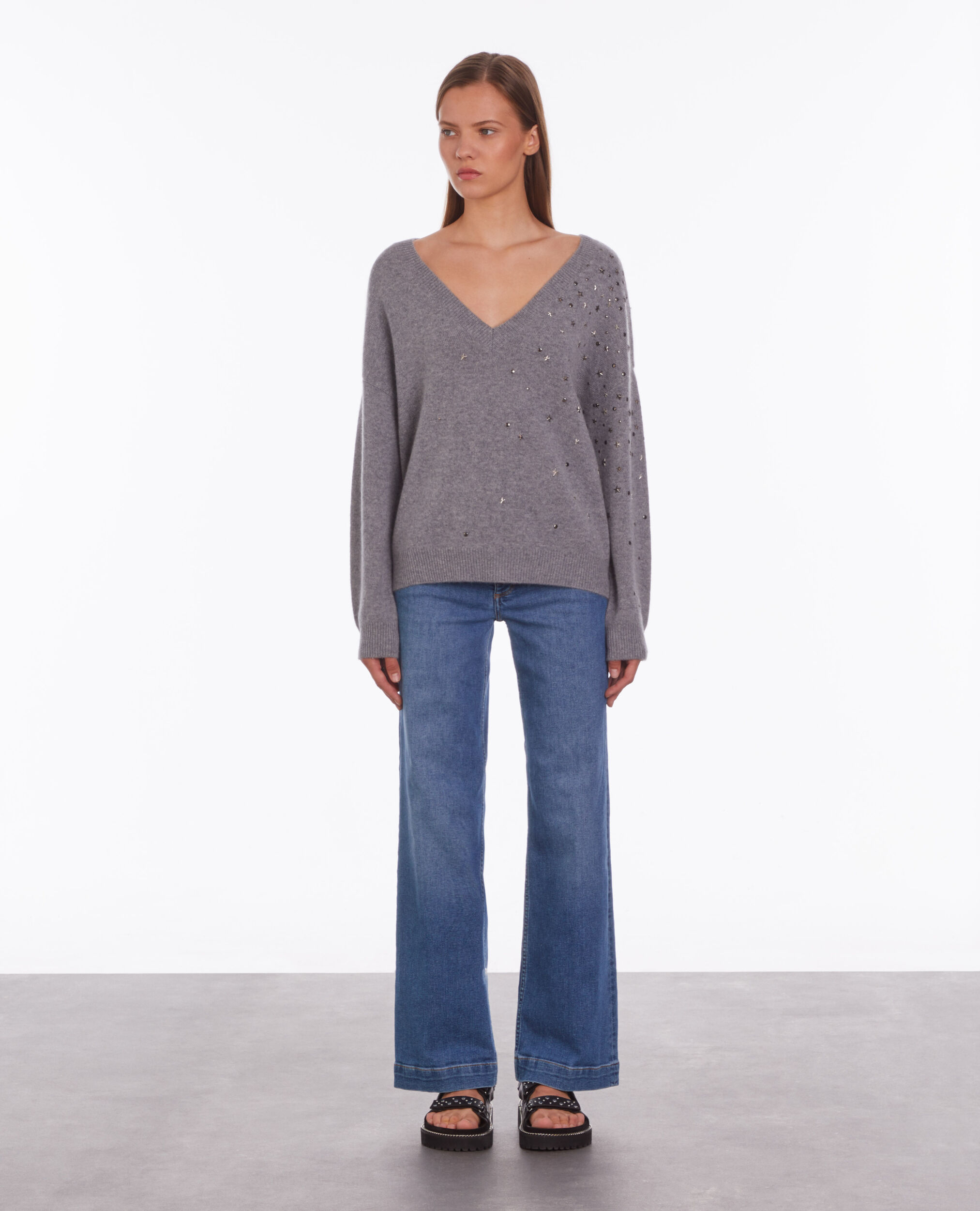 Grey sweater in cashmere-blend with stars MIDDLE GREY MEL