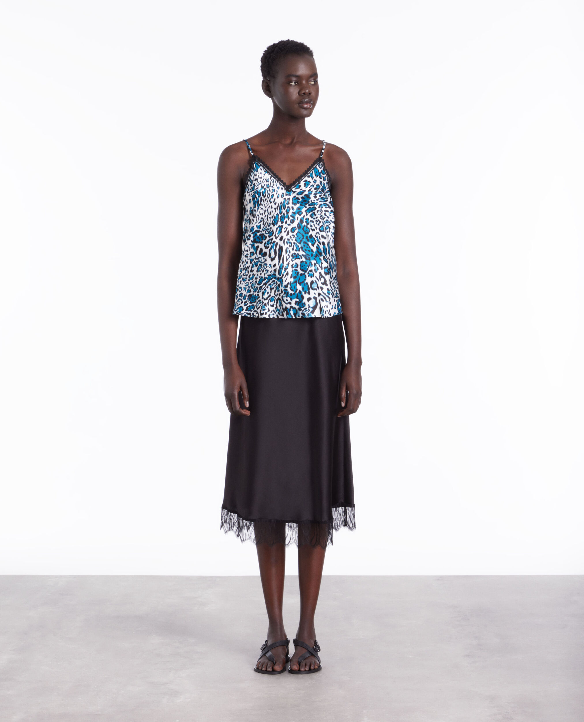 Printed silk camisole with lace details BLUE WHITE