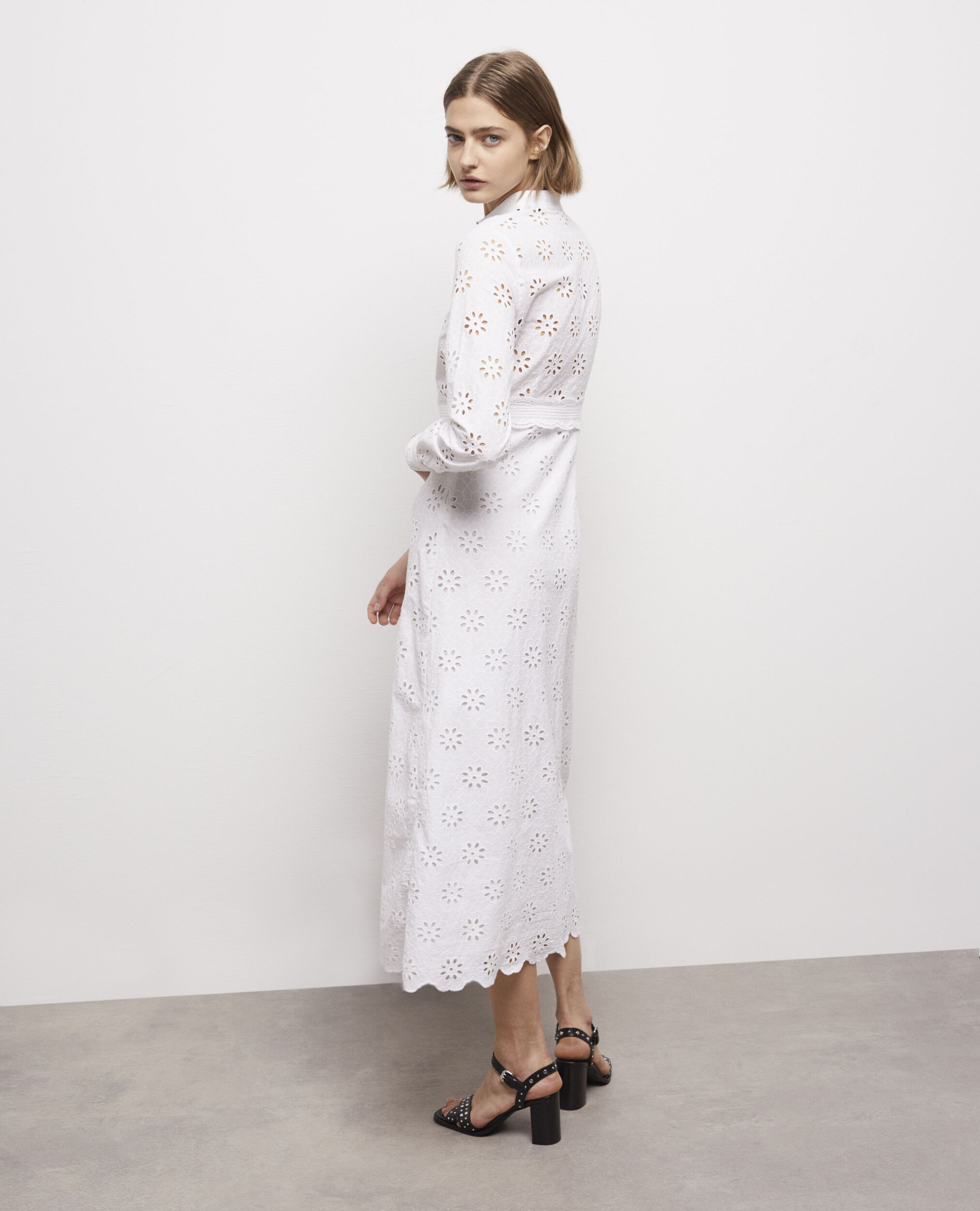 Long white dress with broderie anglaise WHITE