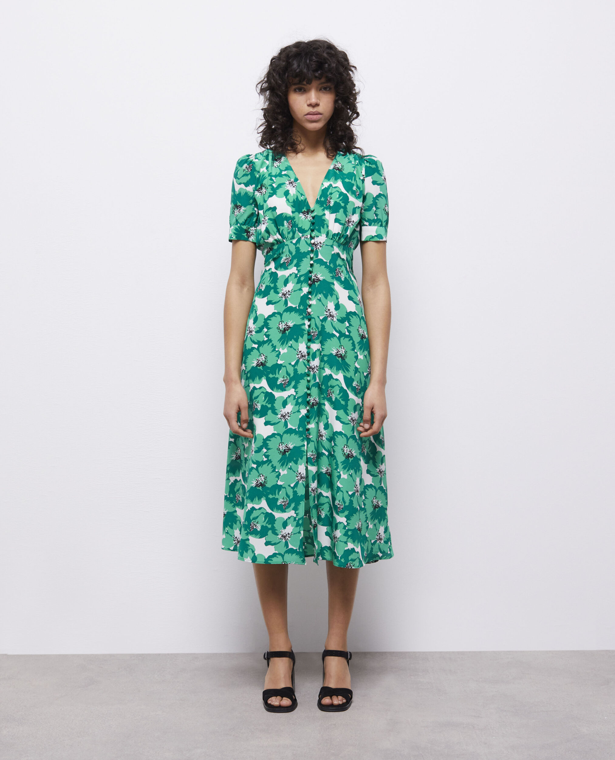 Long printed dress with buttoning GREEN