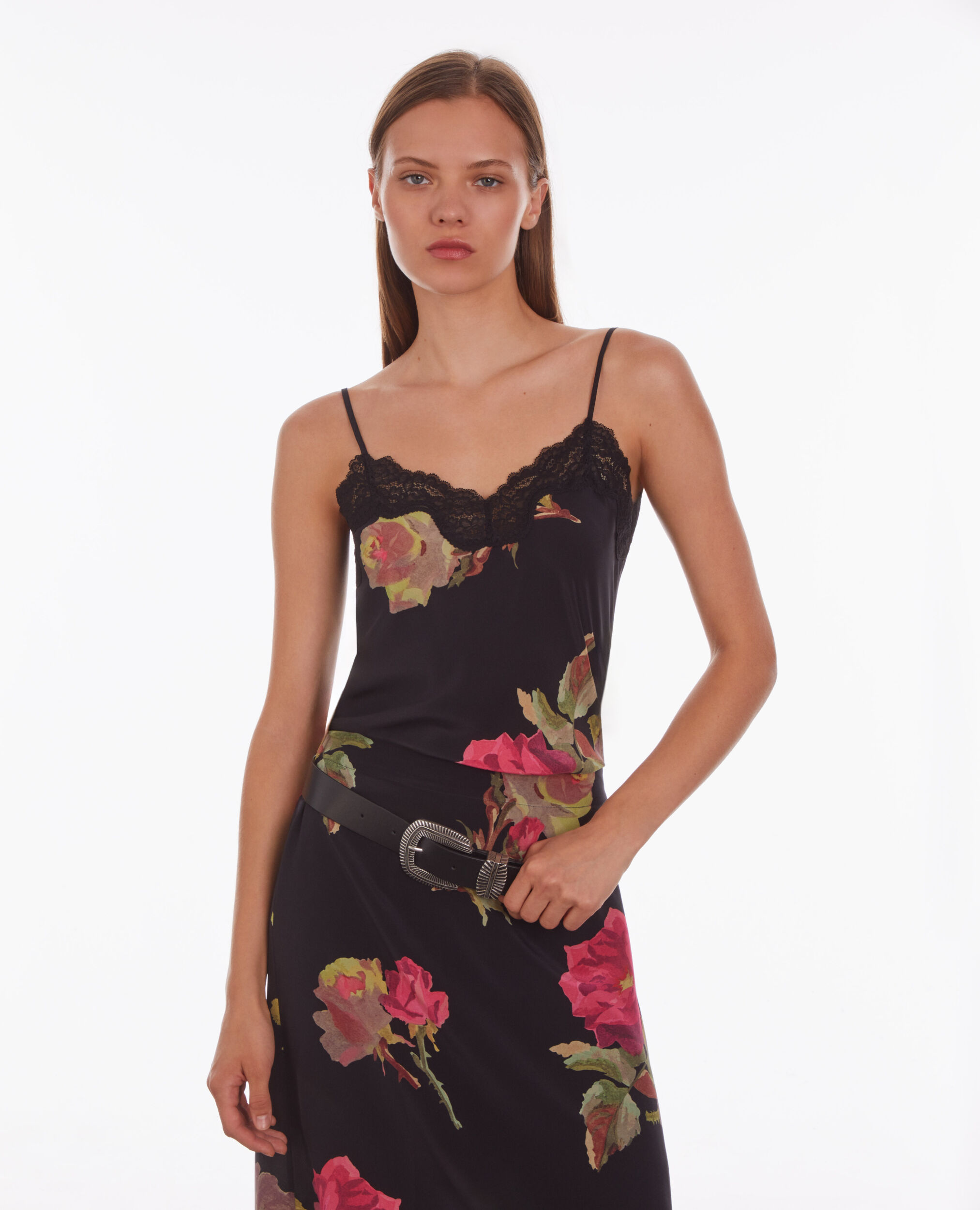 Printed silk camisole with lace PINK BLACK