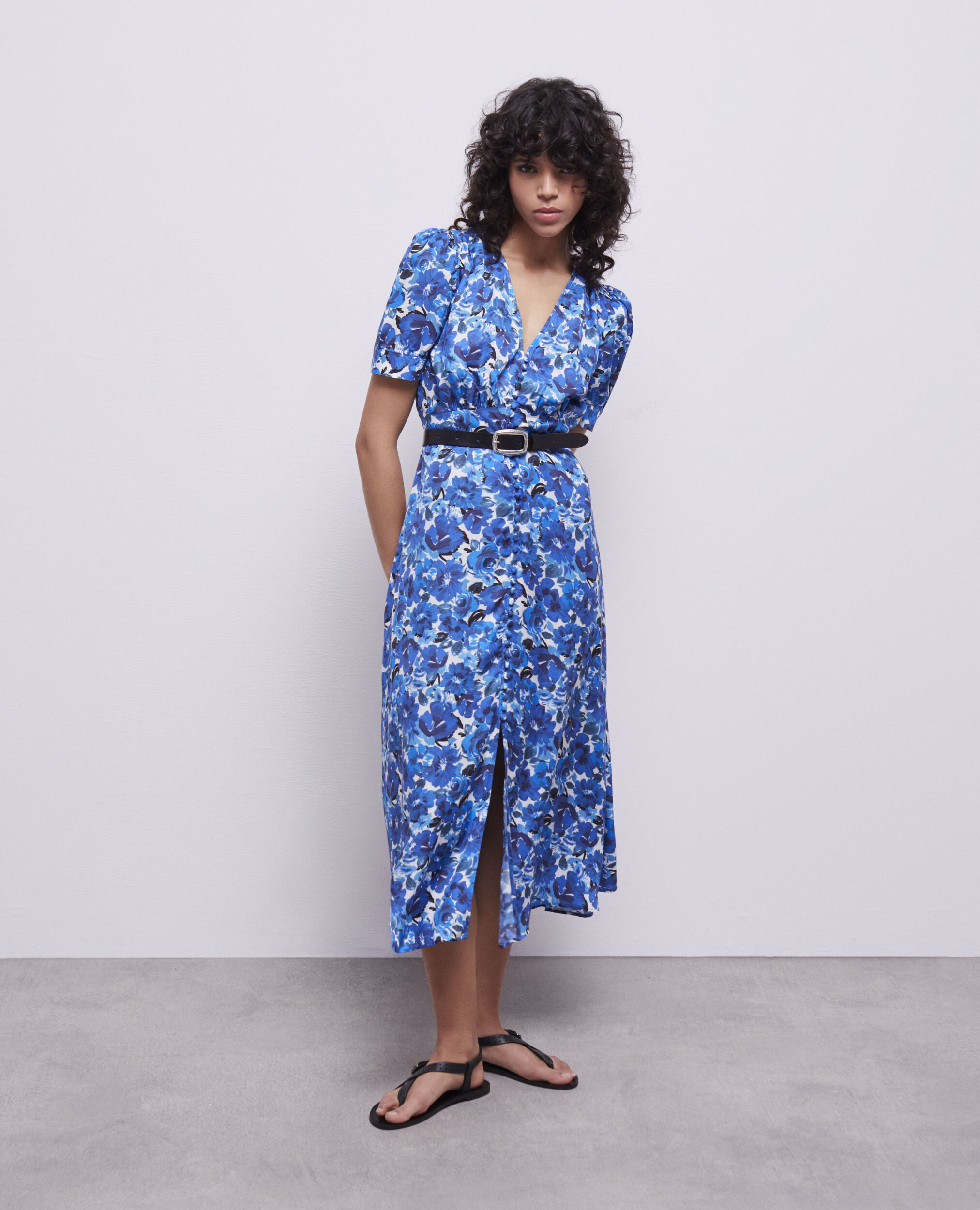 Long printed dress with buttons BLUE WHITE