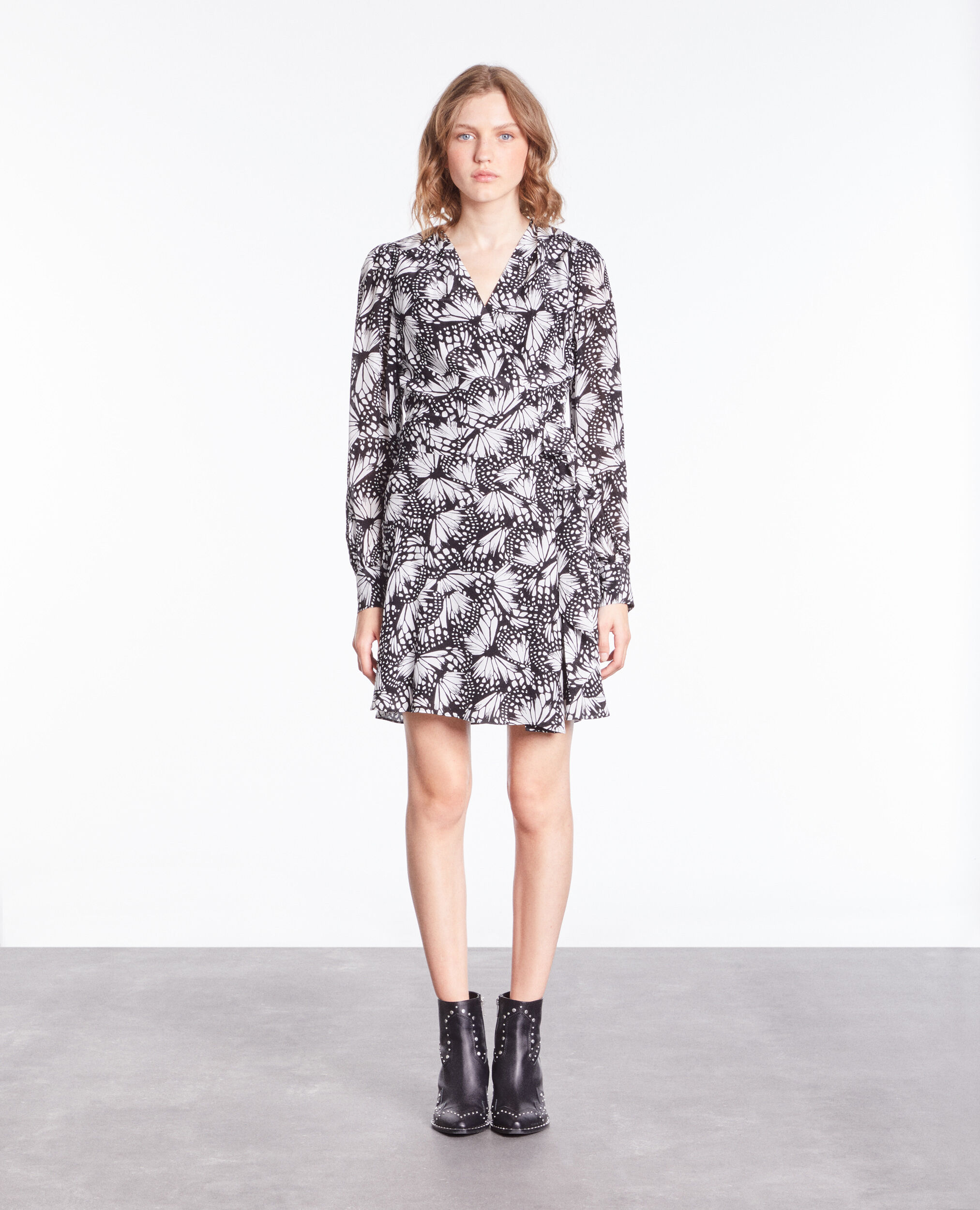 Short printed wrap dress BLACK WHITE