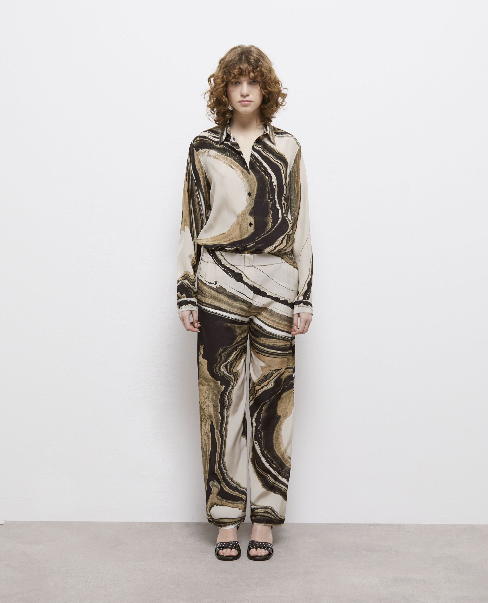 Printed flowing silk pants BEIGE-BROWN