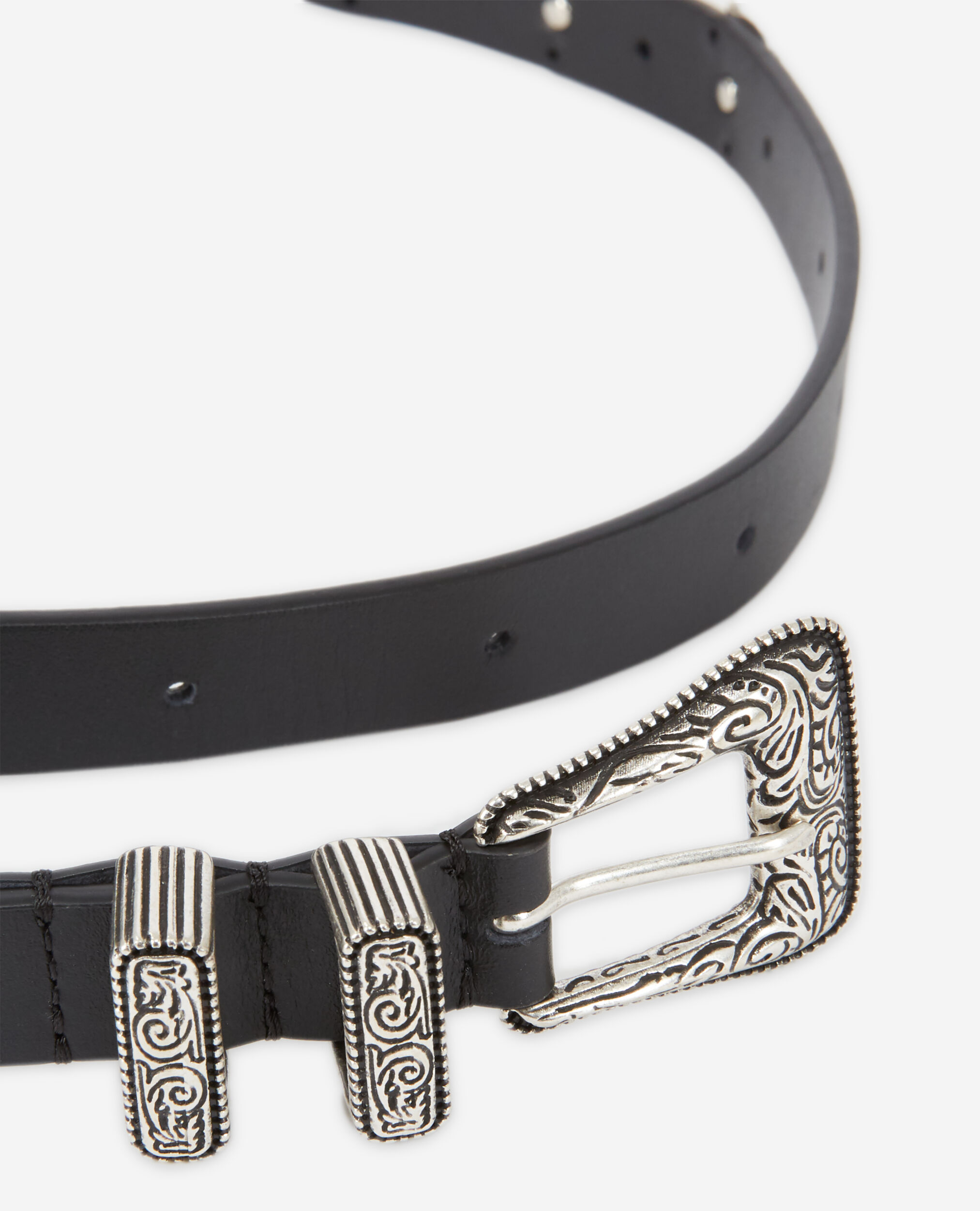 Thin black belt with logo and Western-style buckle BLACK