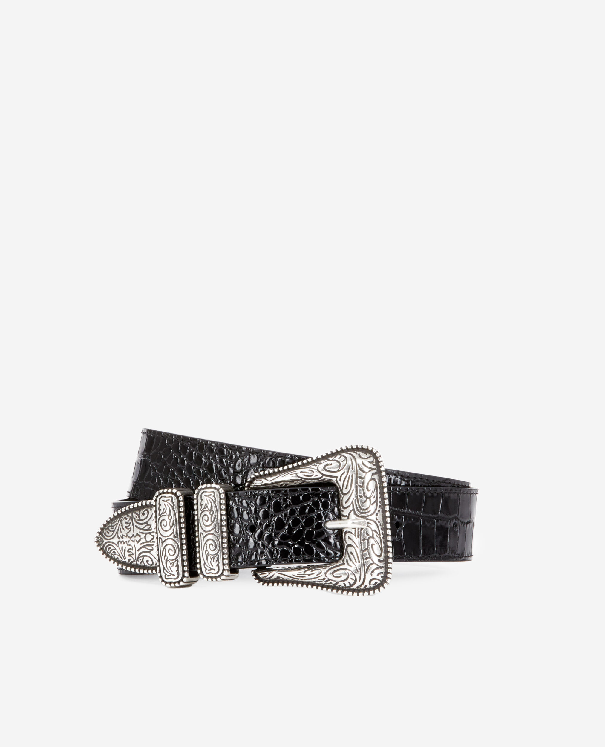 Black crocodile effect leather belt with Western buckle BLACK