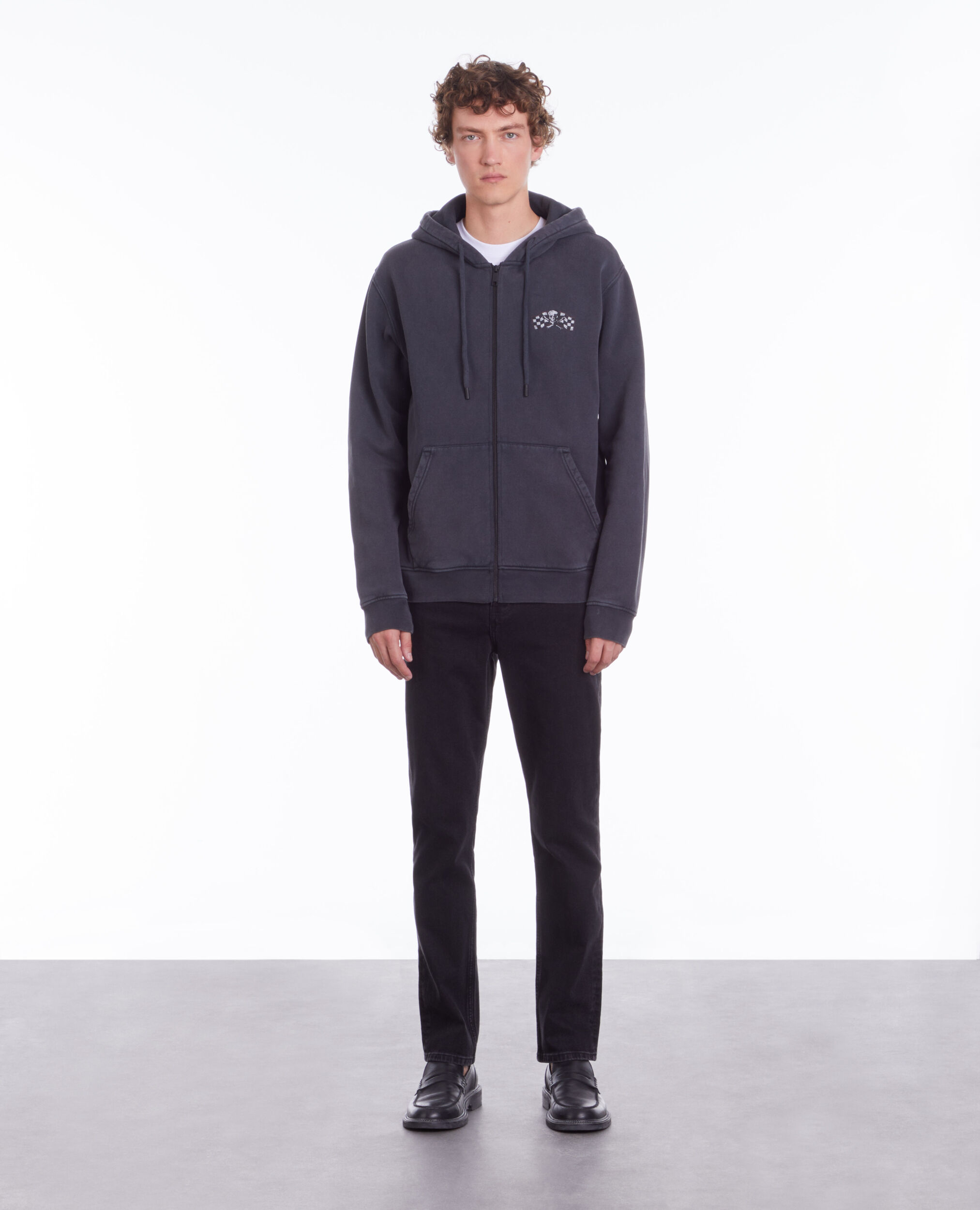 Black hoodie with Racing skull serigraphy BLACK WASHED