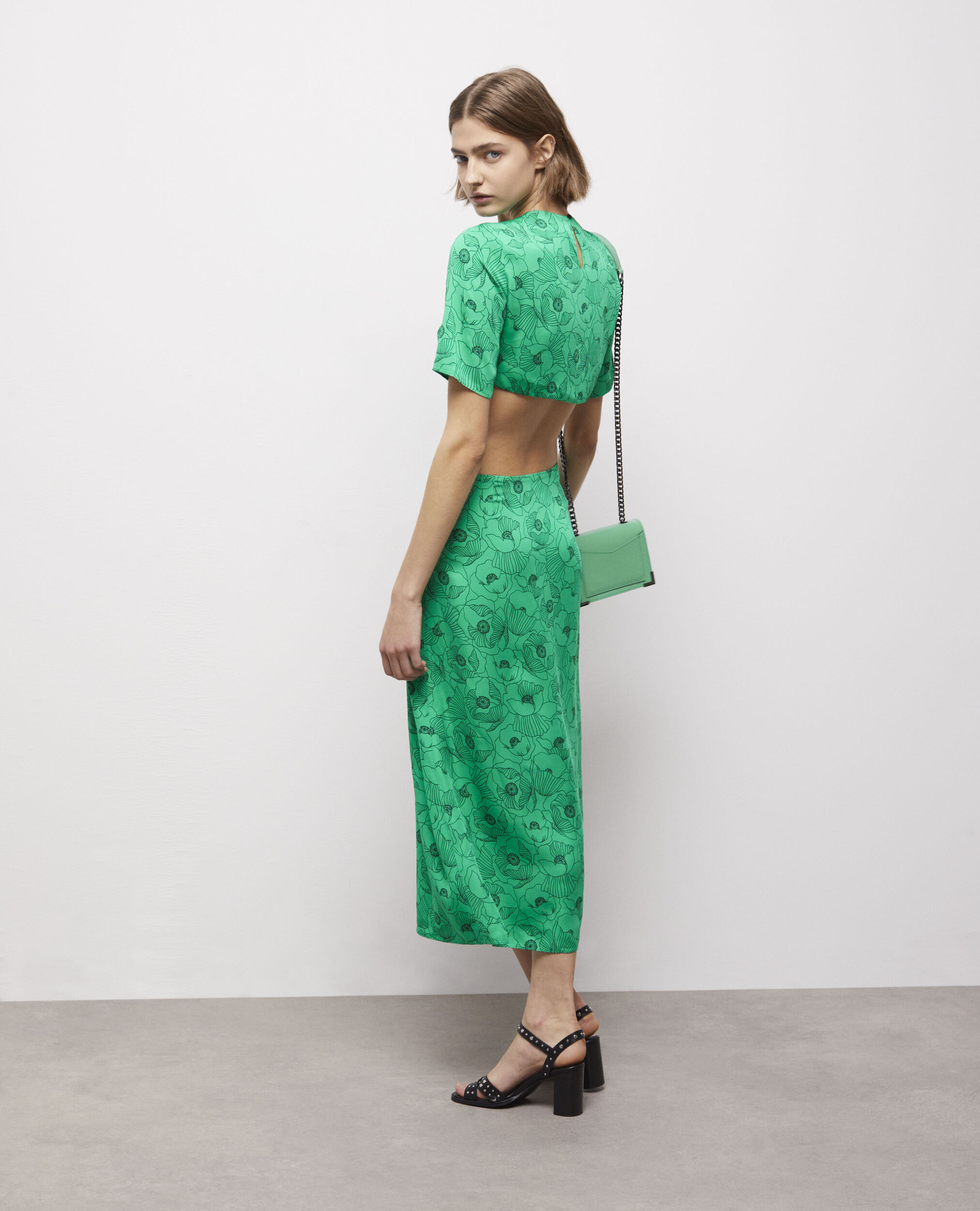 Long printed dress with cut-out details GREEN