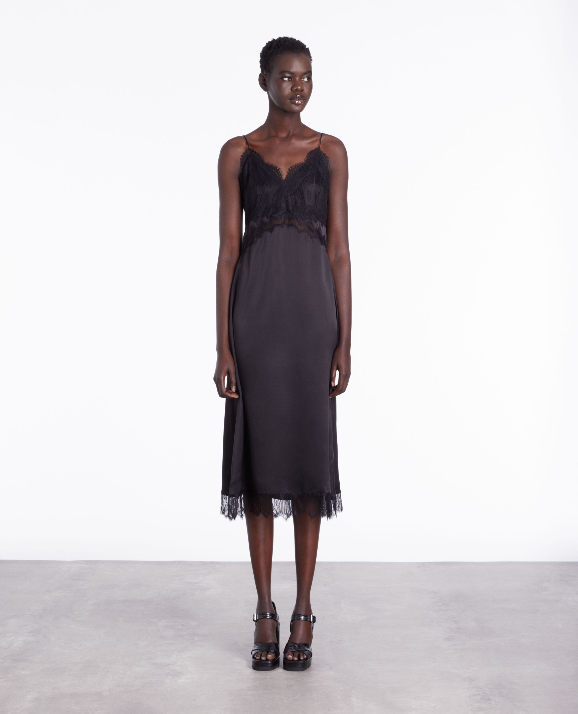 Long black silk slip dress with lace details BLACK