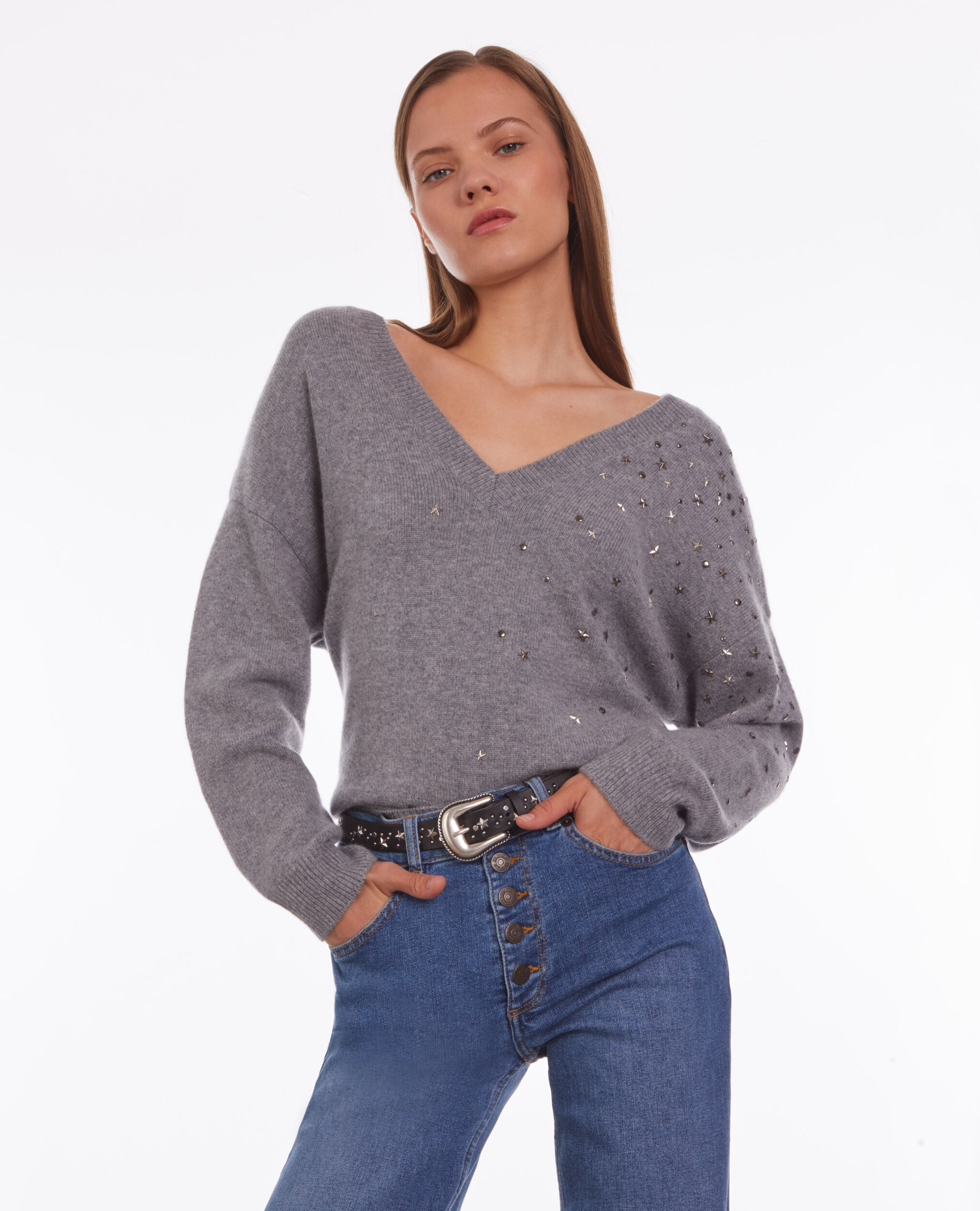 Grey sweater in cashmere-blend with stars MIDDLE GREY MEL