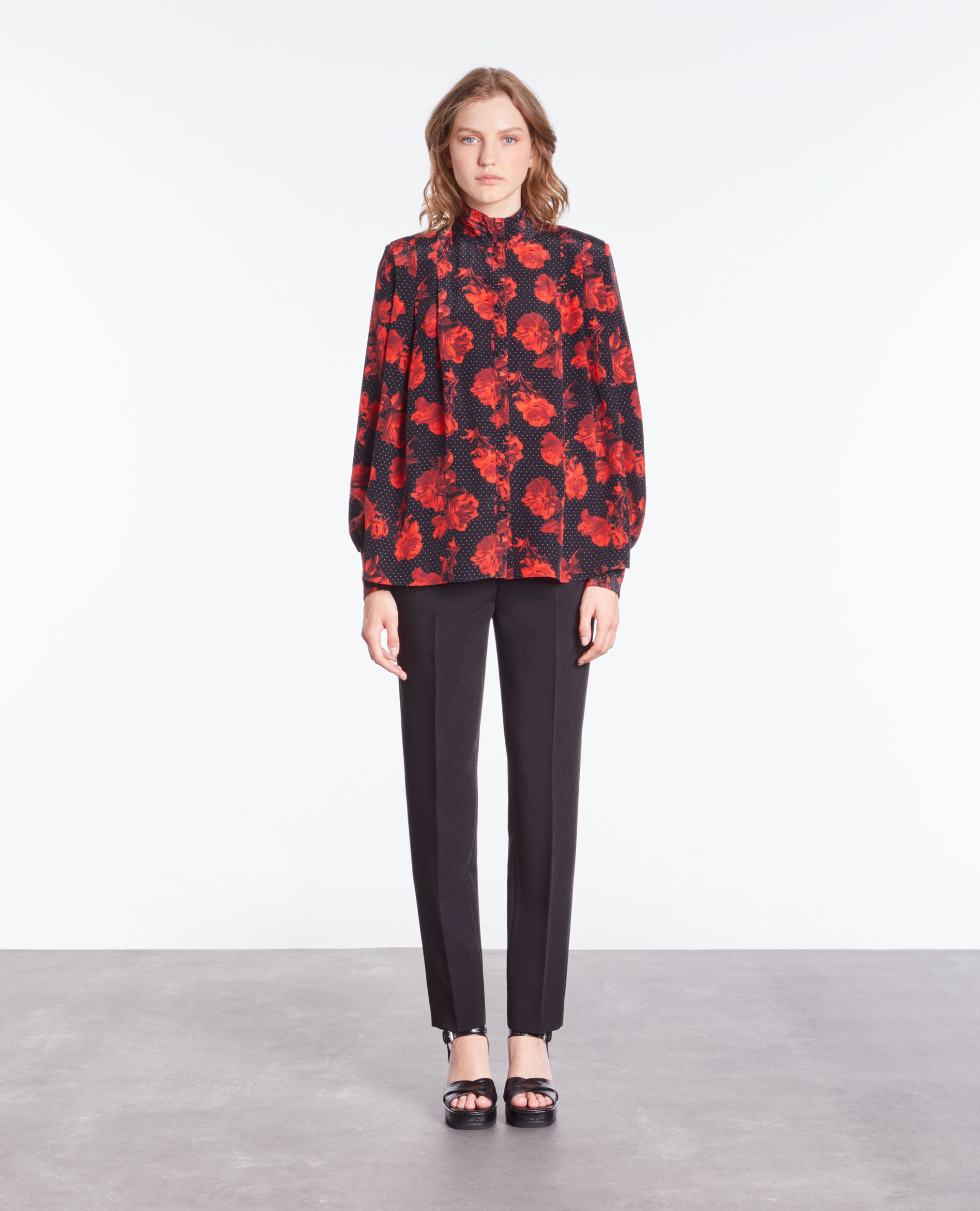 Printed silk top with pleating BLACK - RED