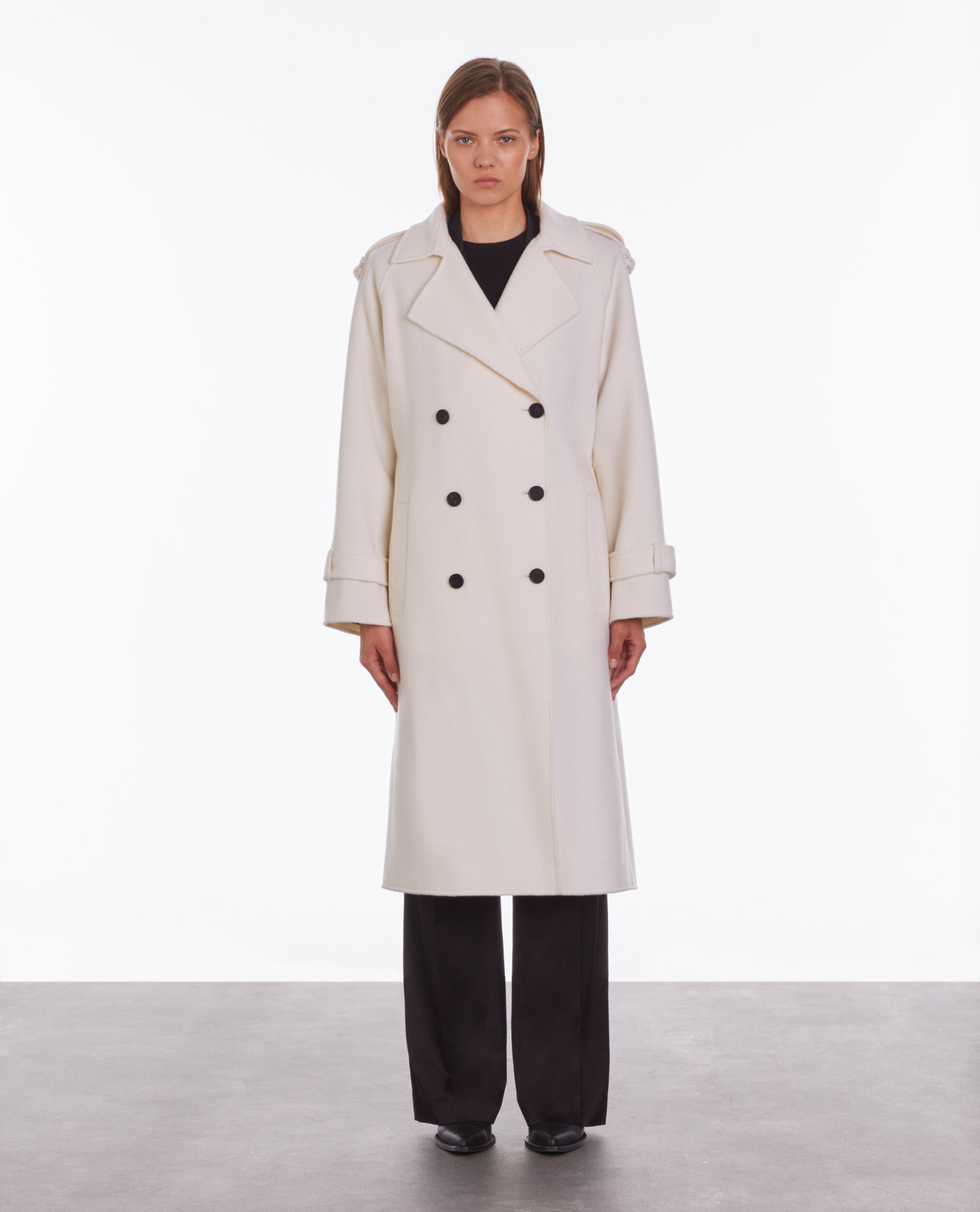 Long ecru wool-blend coat ECRU