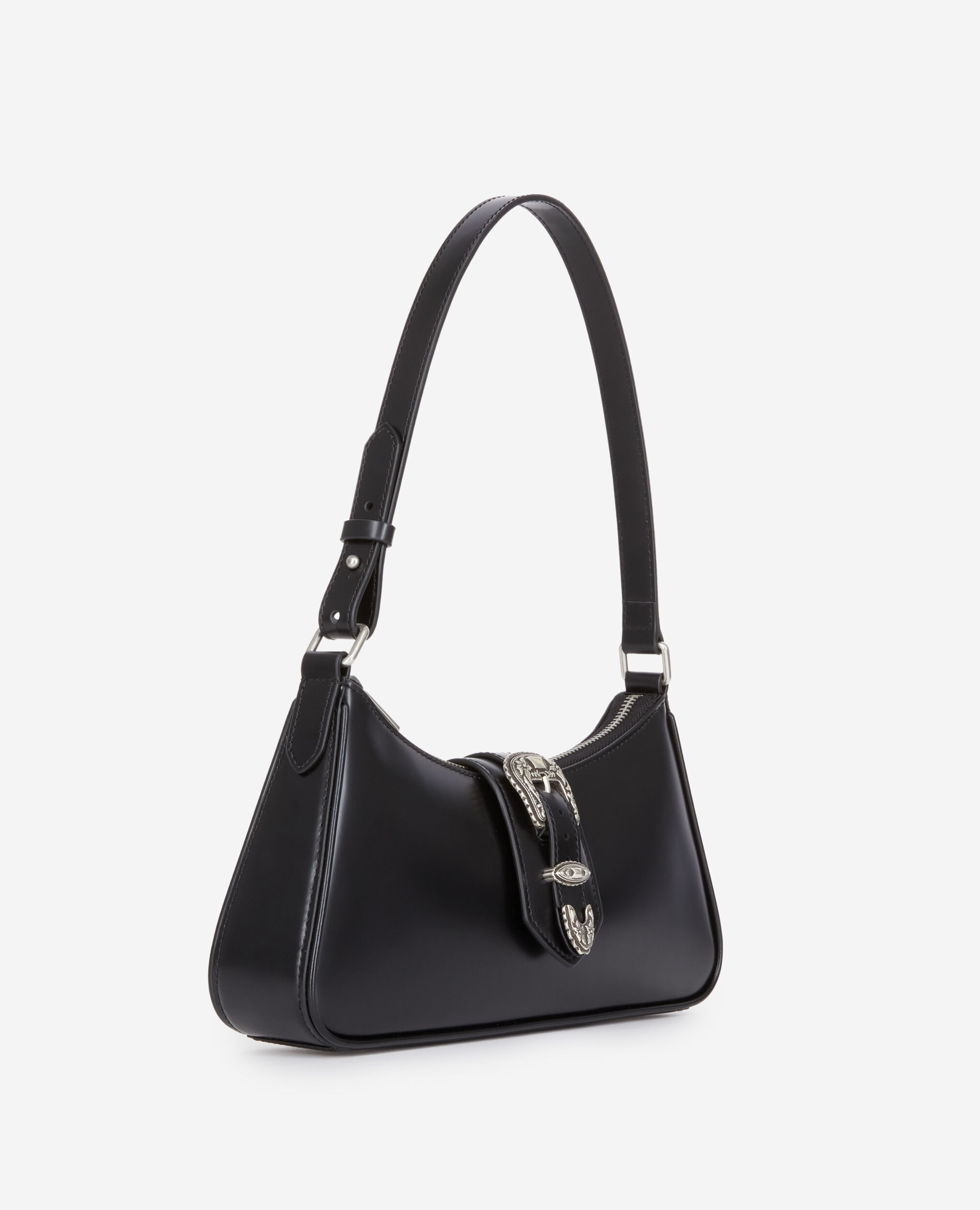 Black glazed leather baguette bag with Western buckle BLACK