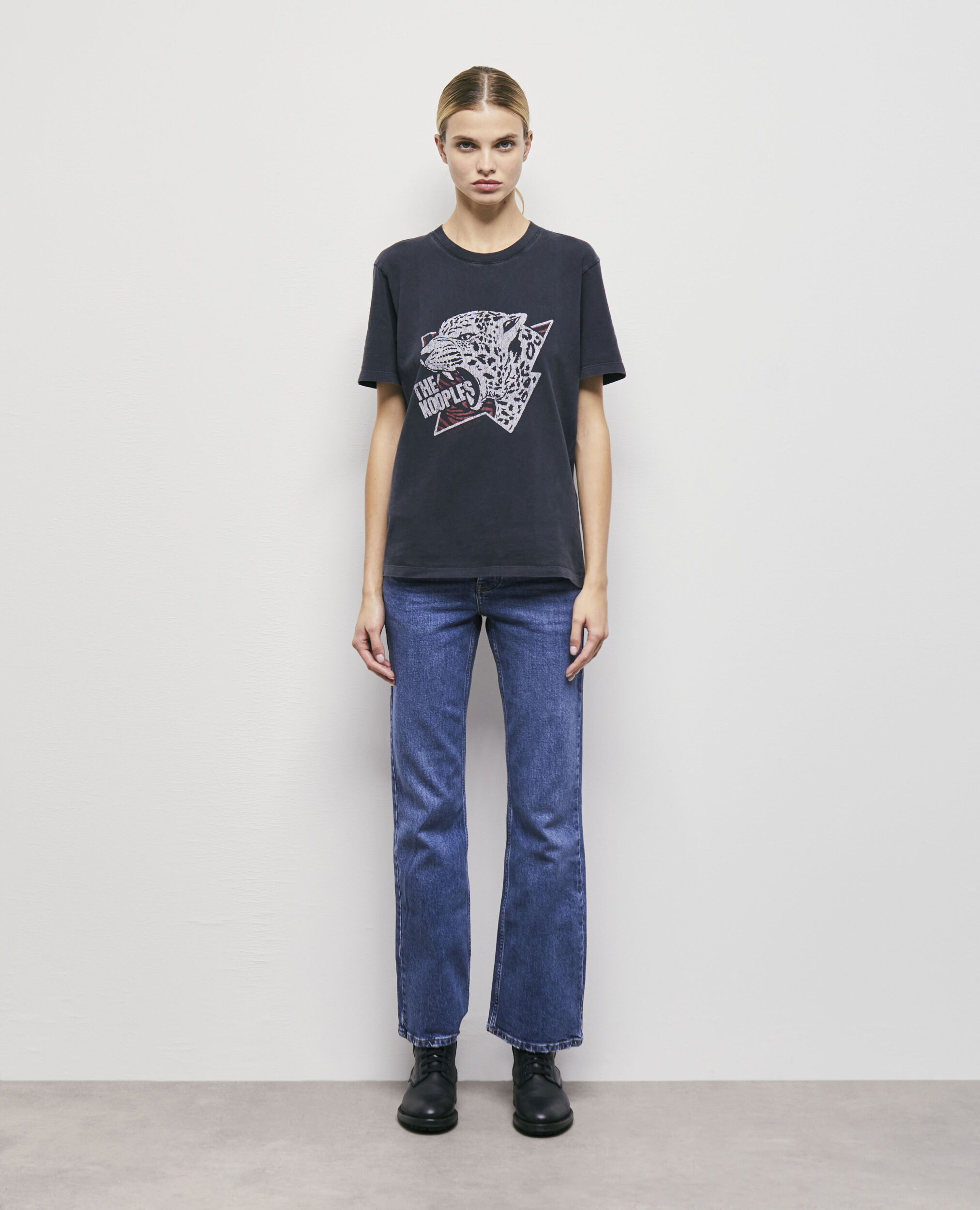 Women's leopard screen print t-shirt BLACK WASHED