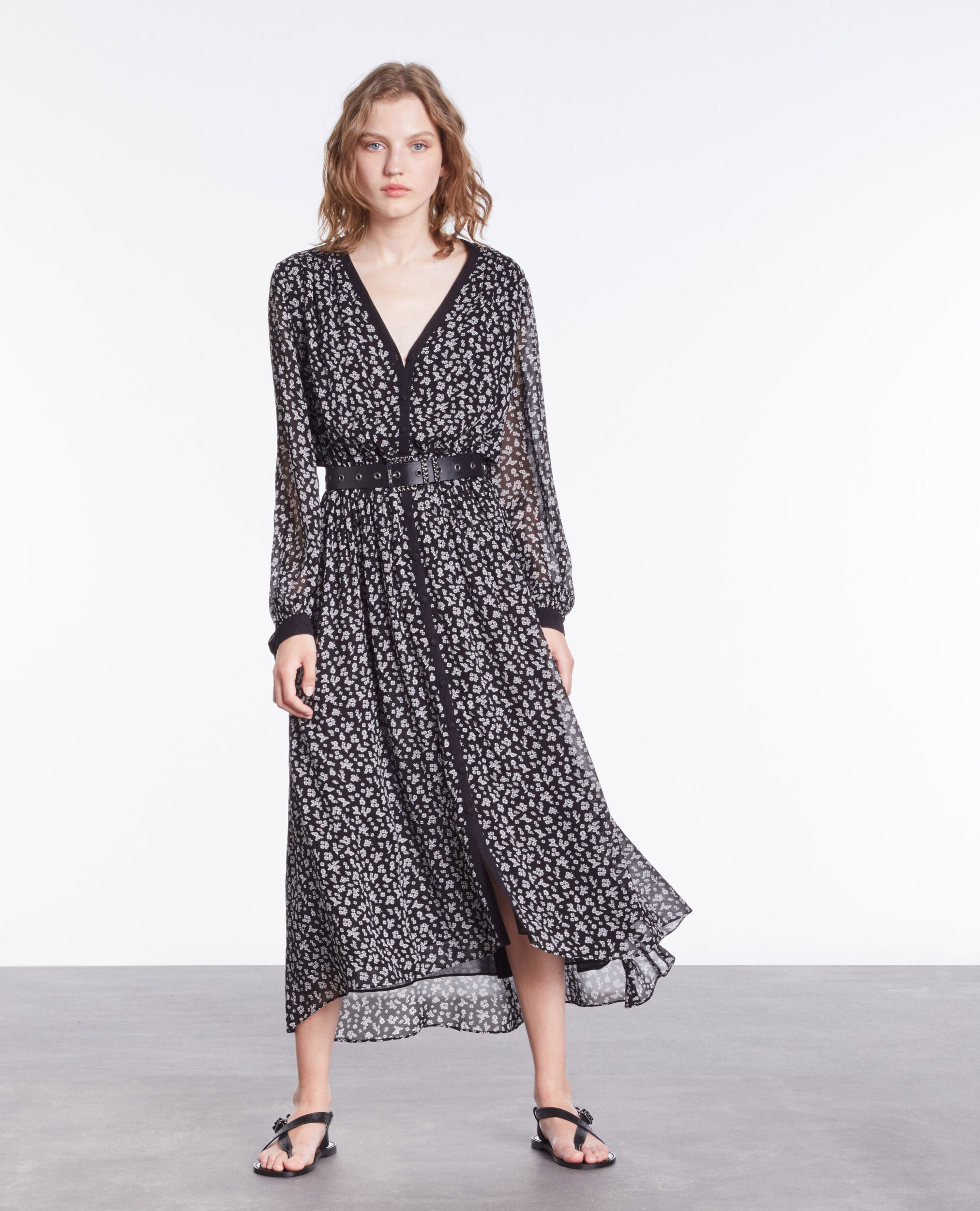 Long printed dress with buttoning BLACK-ECRU