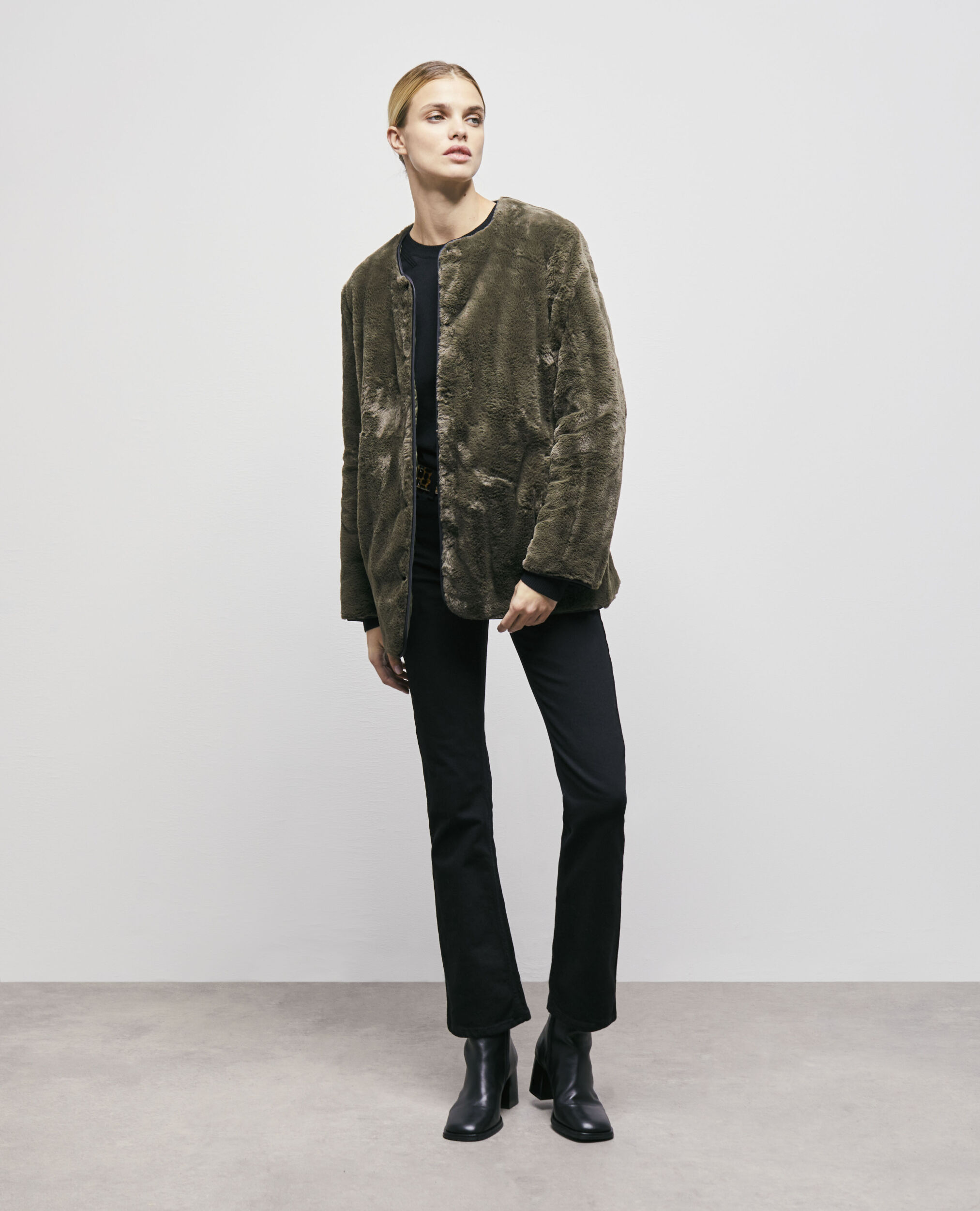 Khaki reversible faux fur jacket ALGUE