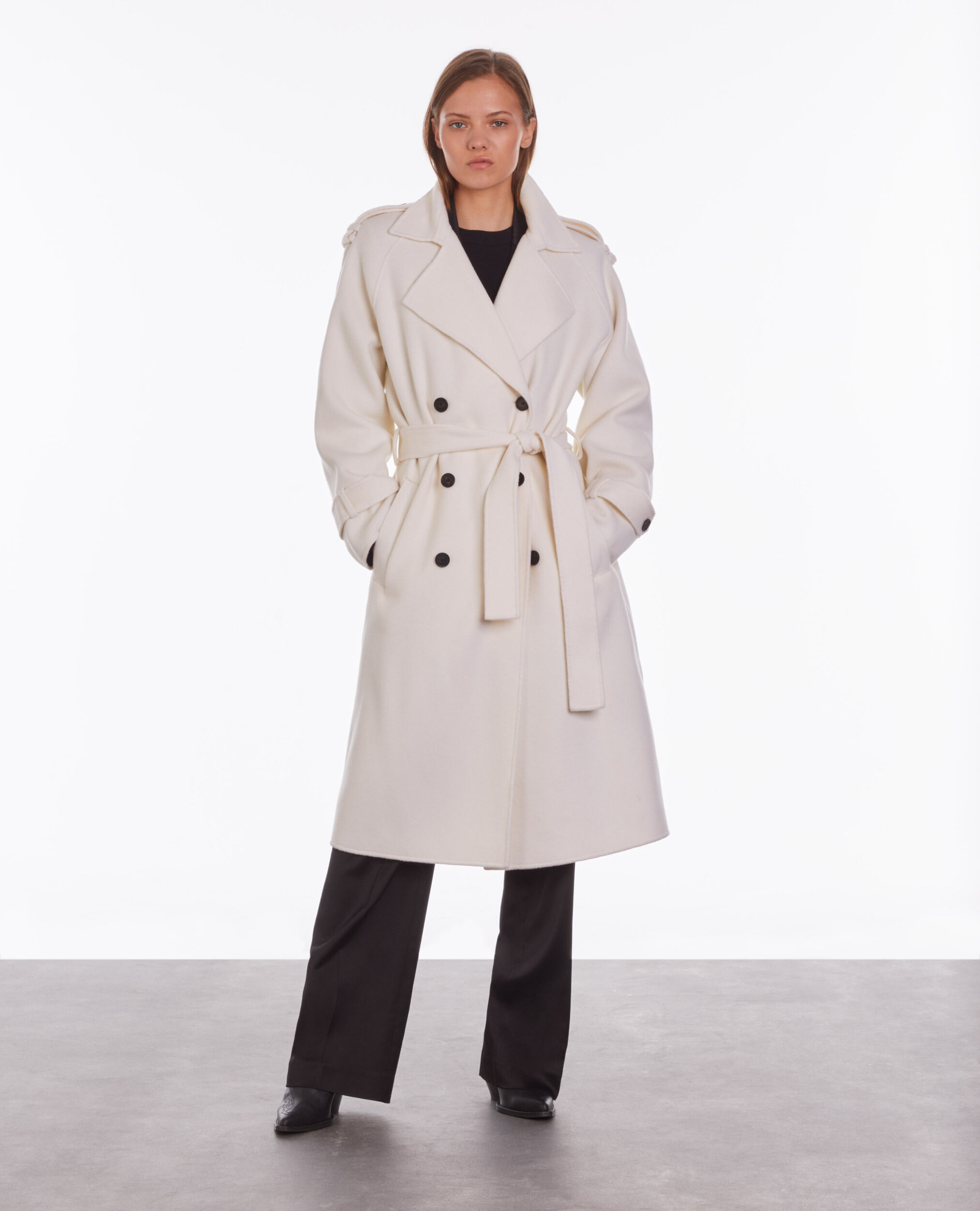 Long ecru wool-blend coat ECRU