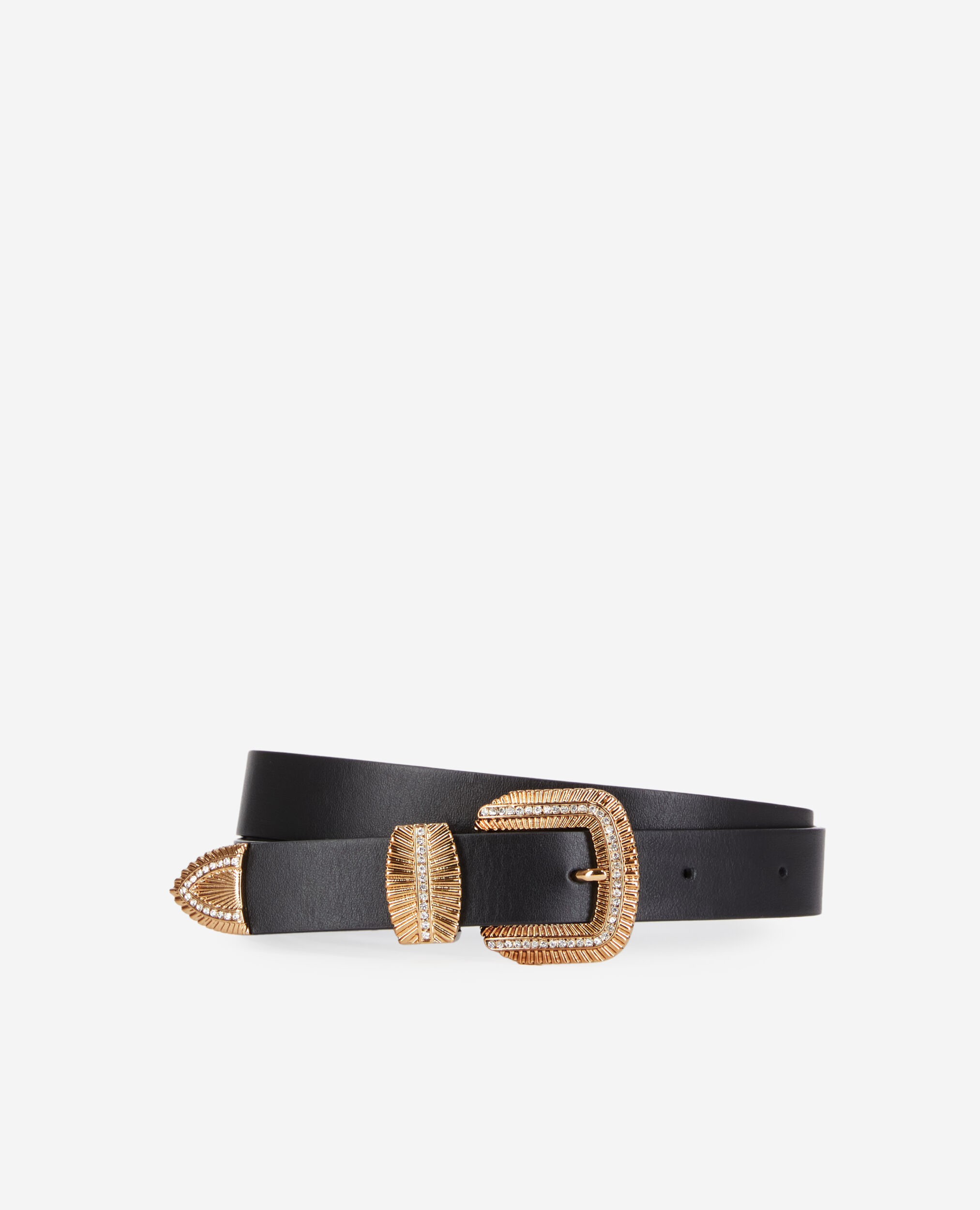 Black leather belt with streaked buckle and rhinestones BLACK