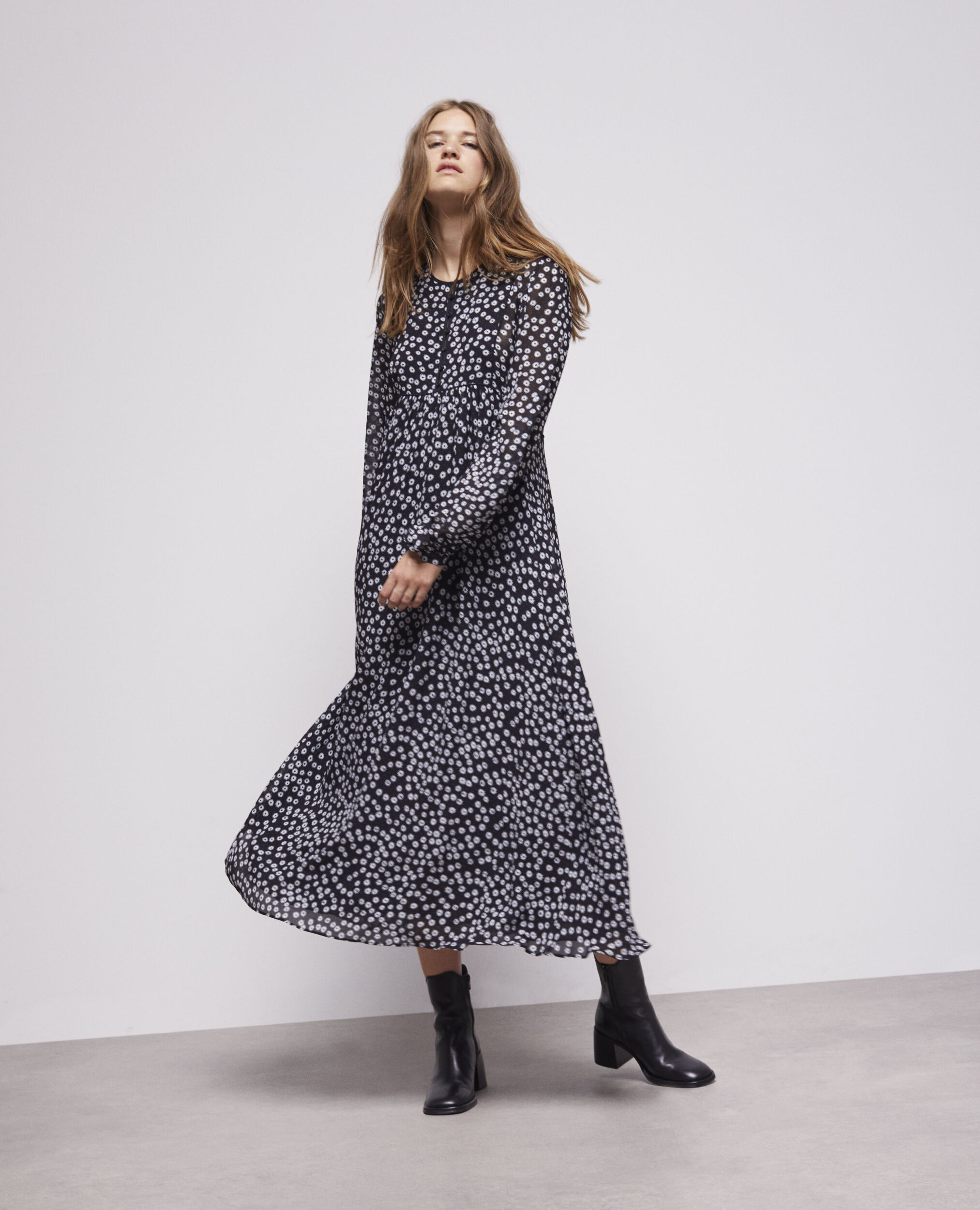Printed long dress BLACK WHITE