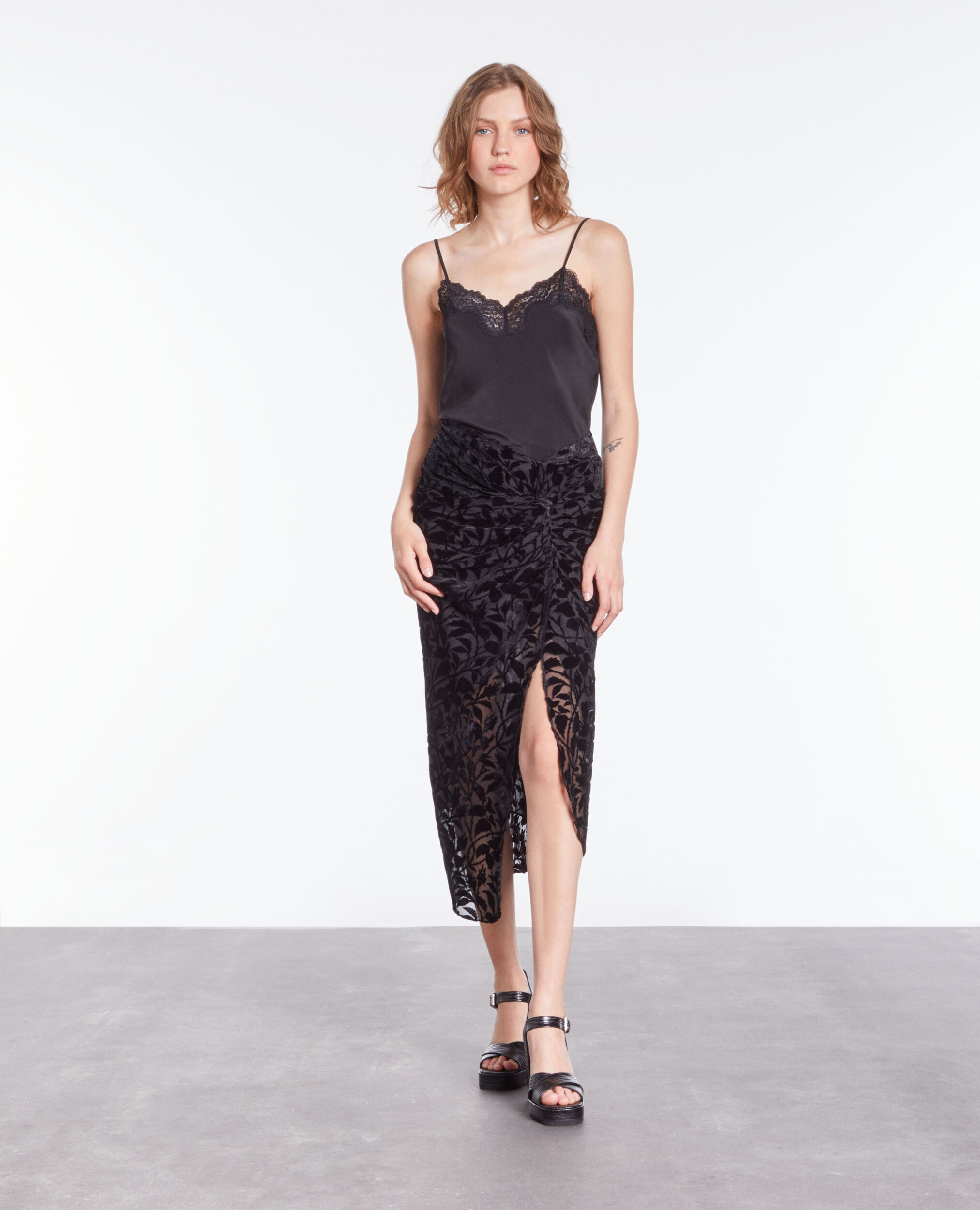 Black devoré velvet midi skirt BLACK