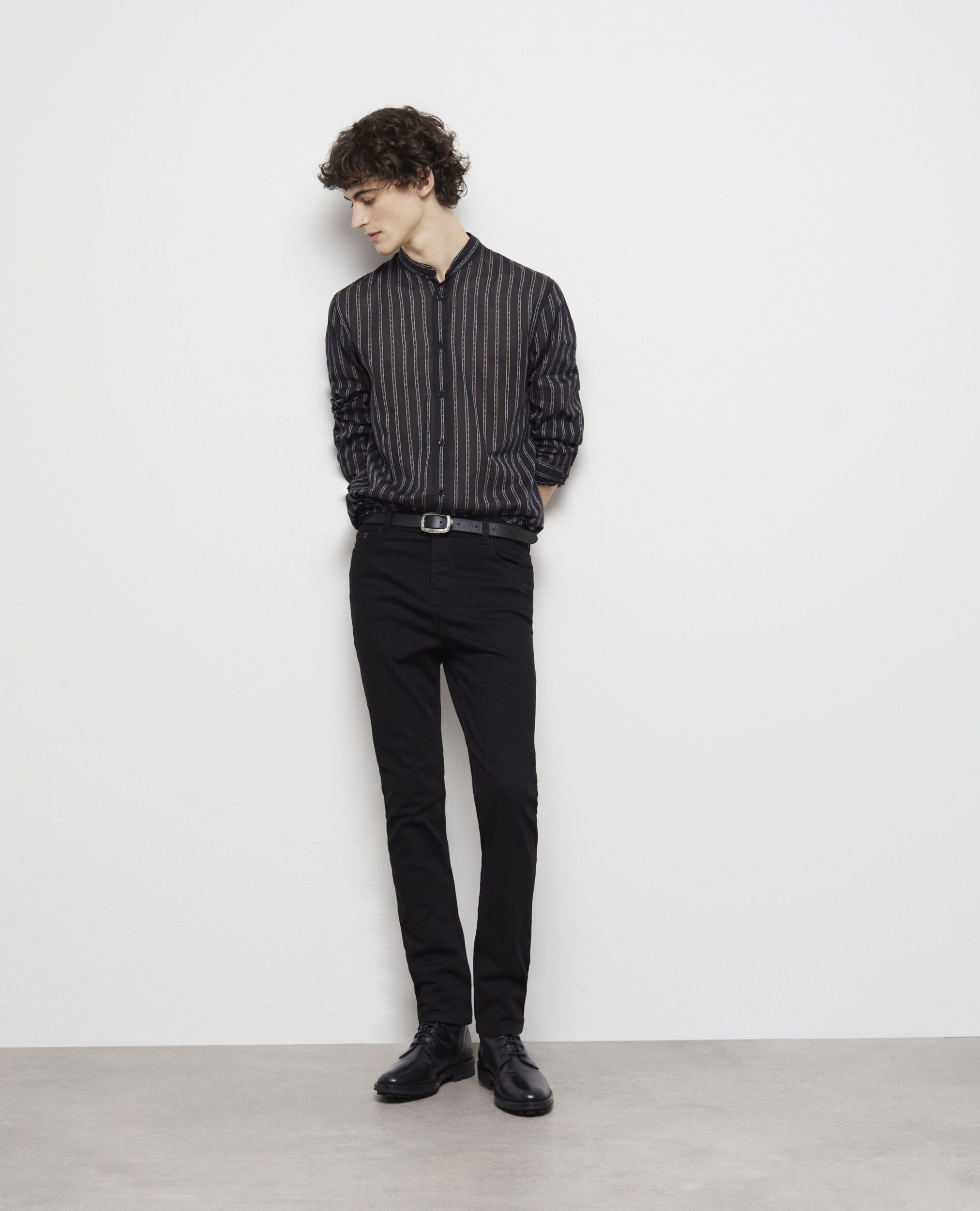 Black striped shirt with officer collar BLACK