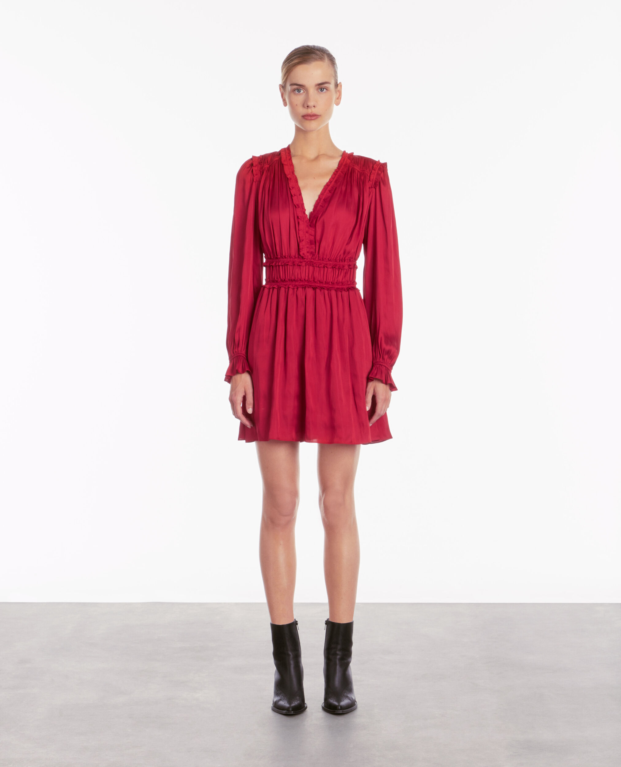 Short red dress with shirring LIGHT BURGUNDY