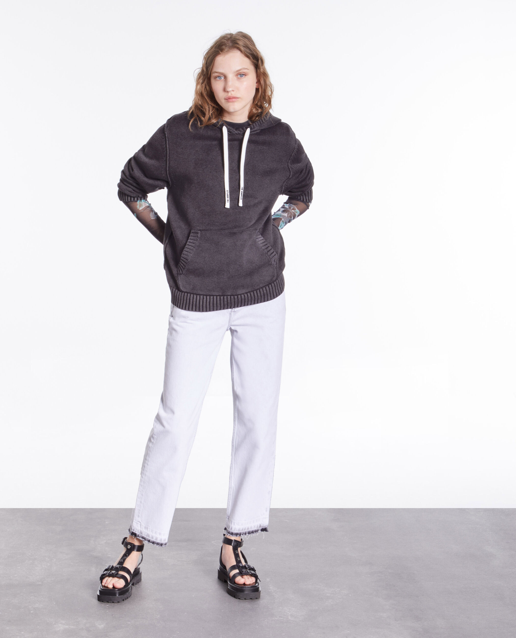 Black cotton and wool hooded sweater BLACK WASHED