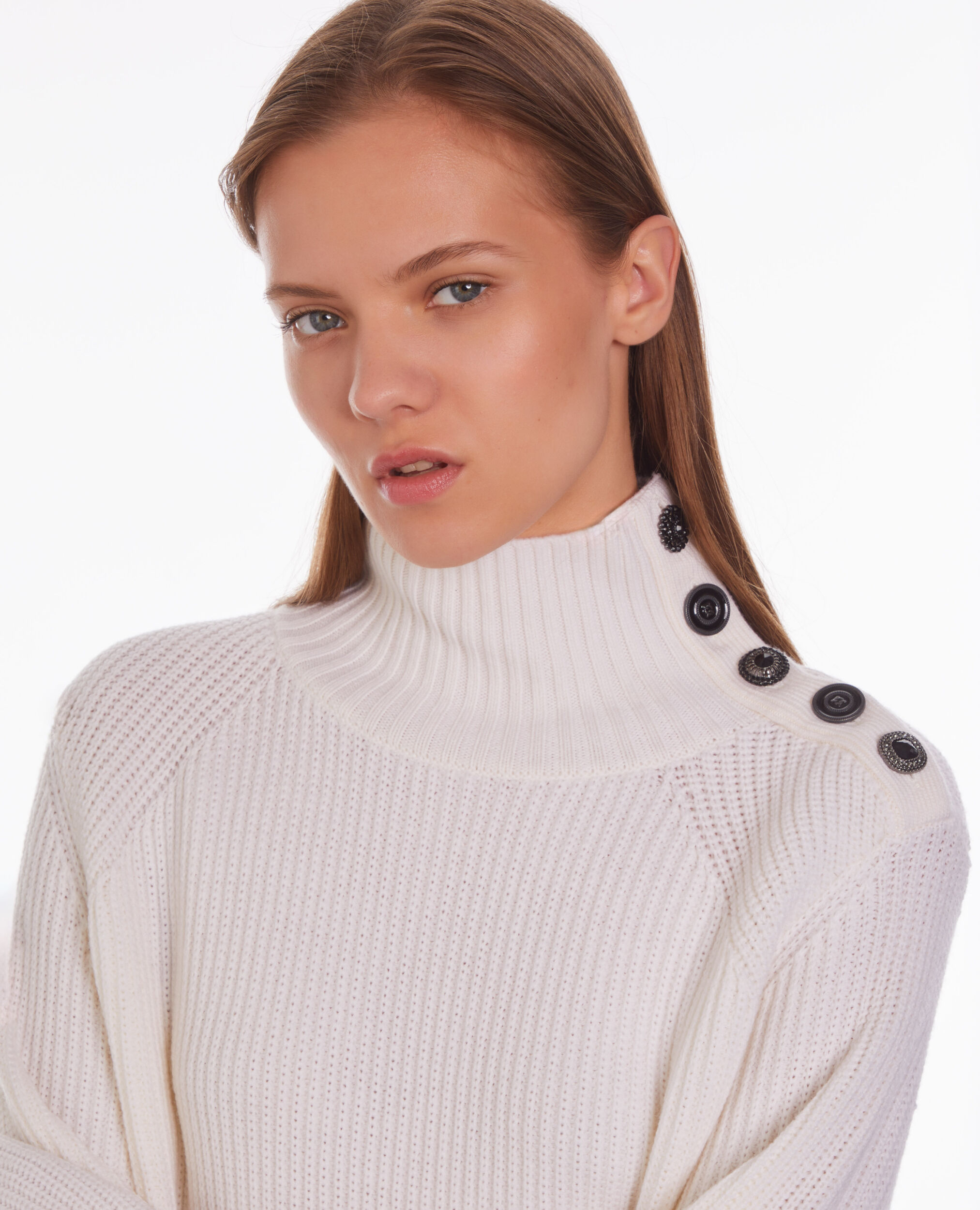 Ecru wool sweater with bijou buttons ECRU