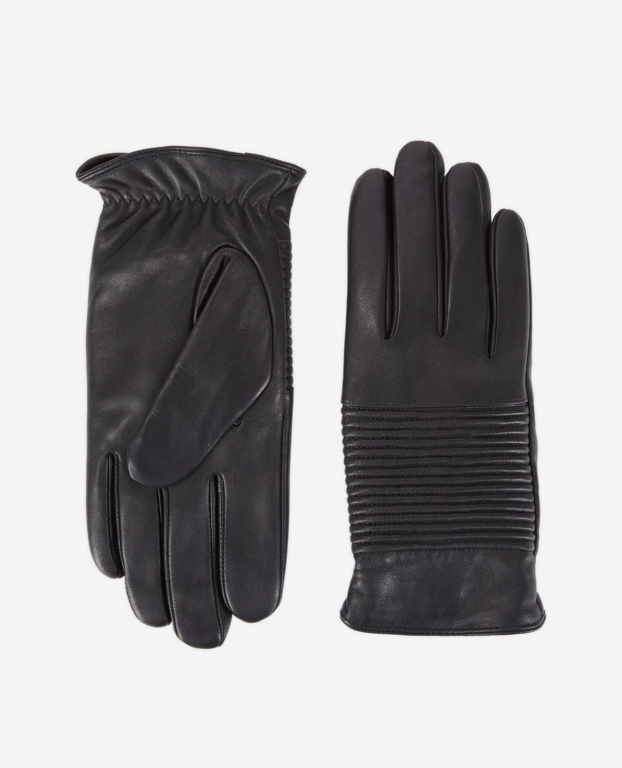 Men's black leather gloves with ribbing BLACK