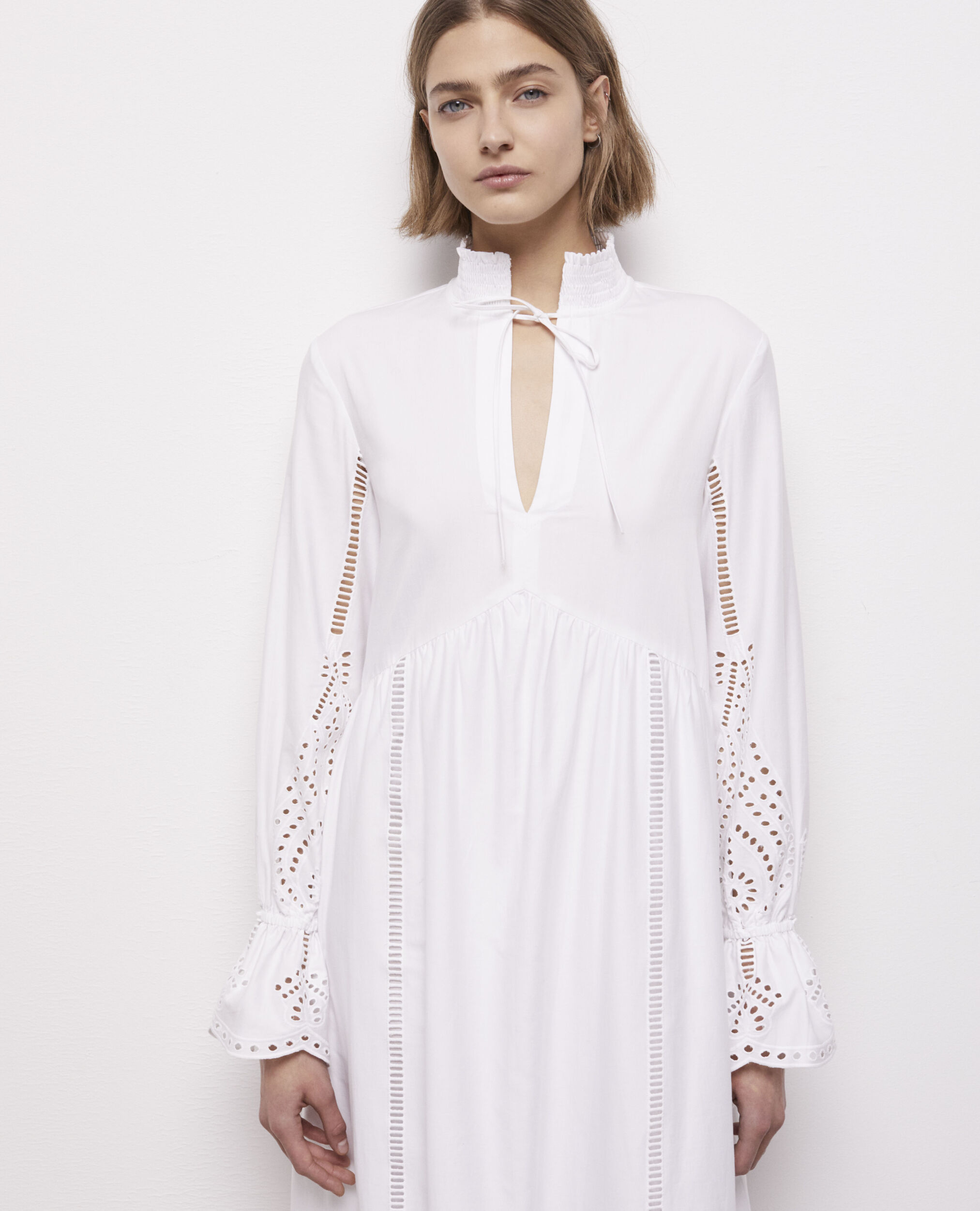 Long white dress with broderie anglaise WHITE