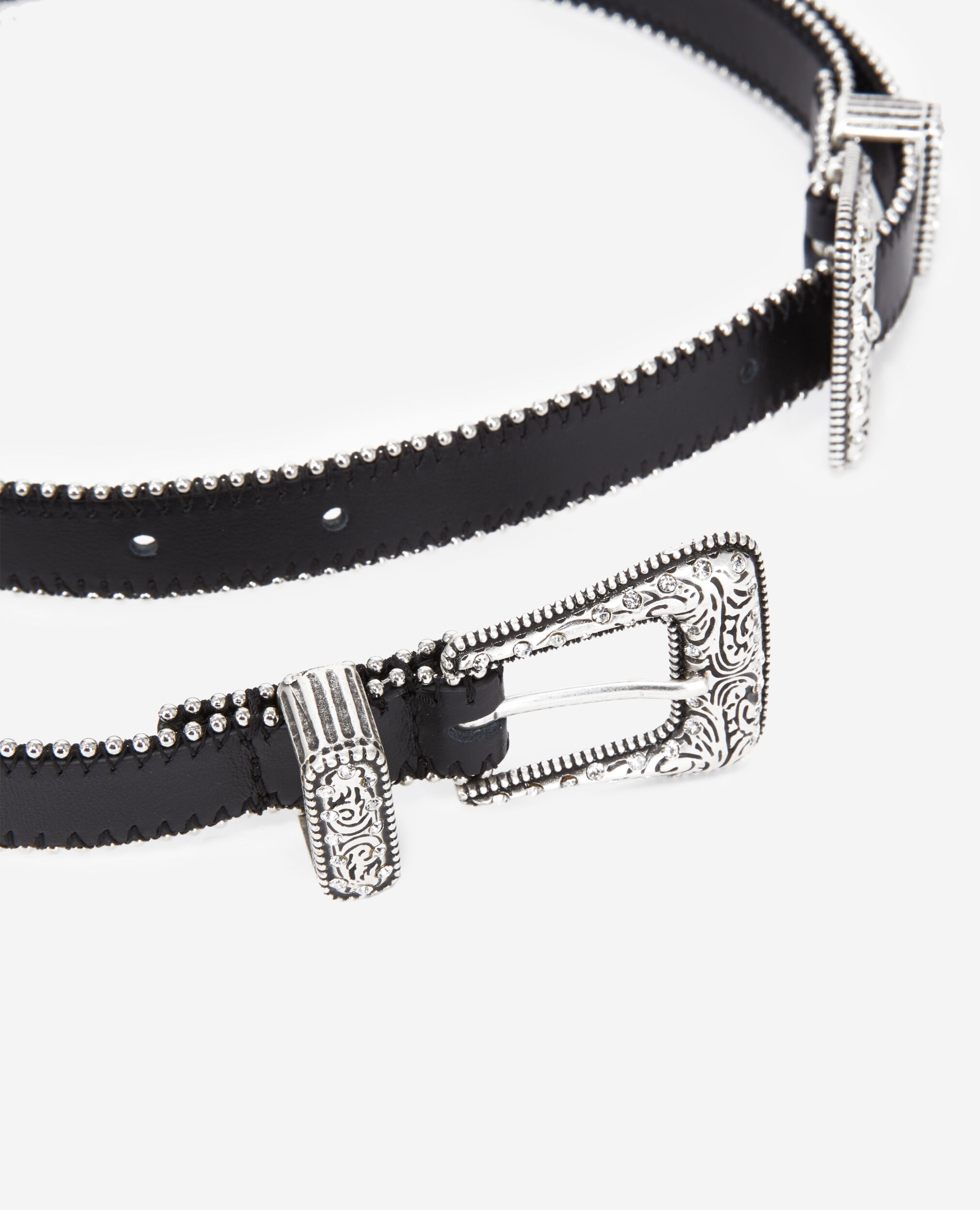 Black leather belt with double Western rhinestone buckle BLACK