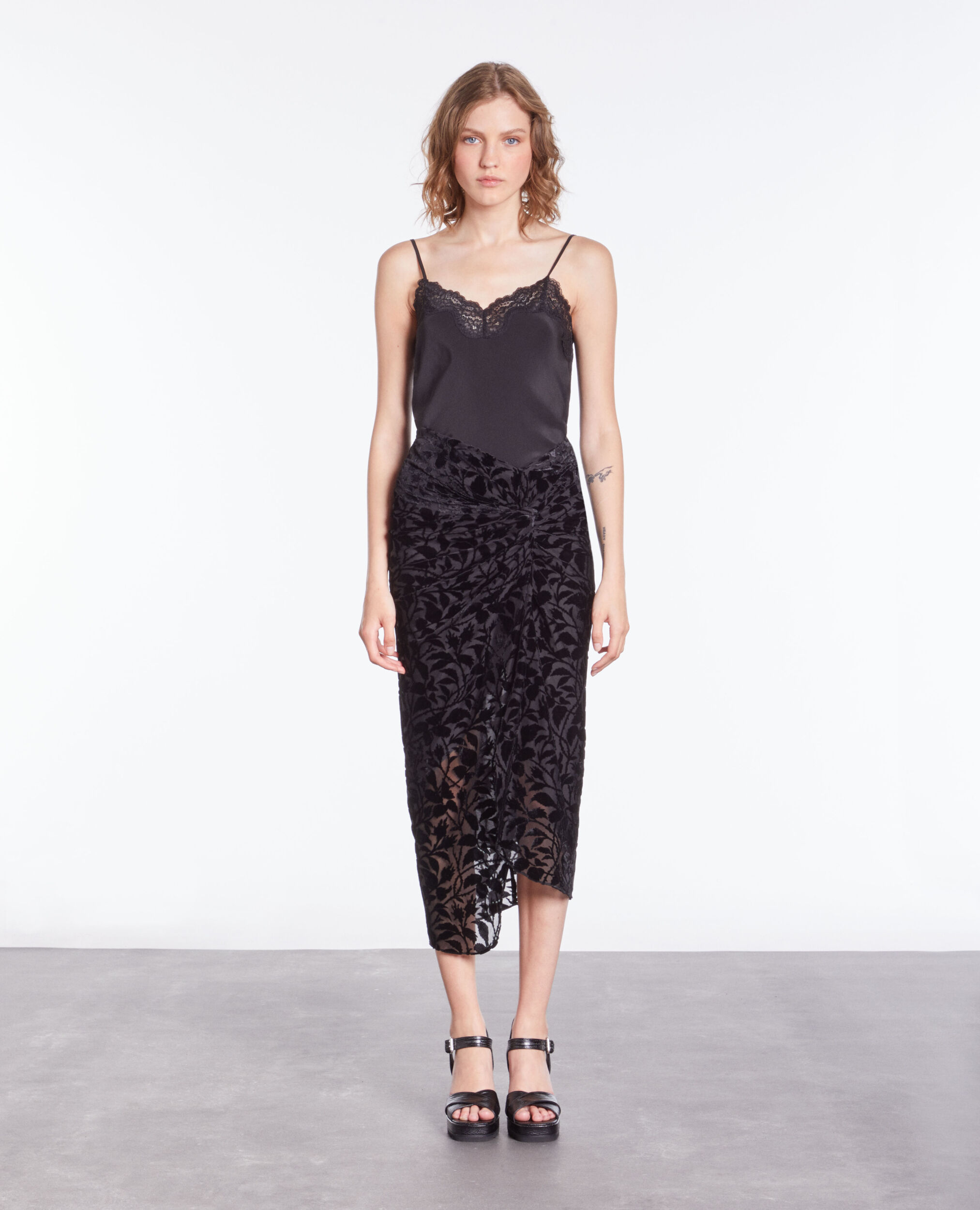 Black devoré velvet midi skirt BLACK