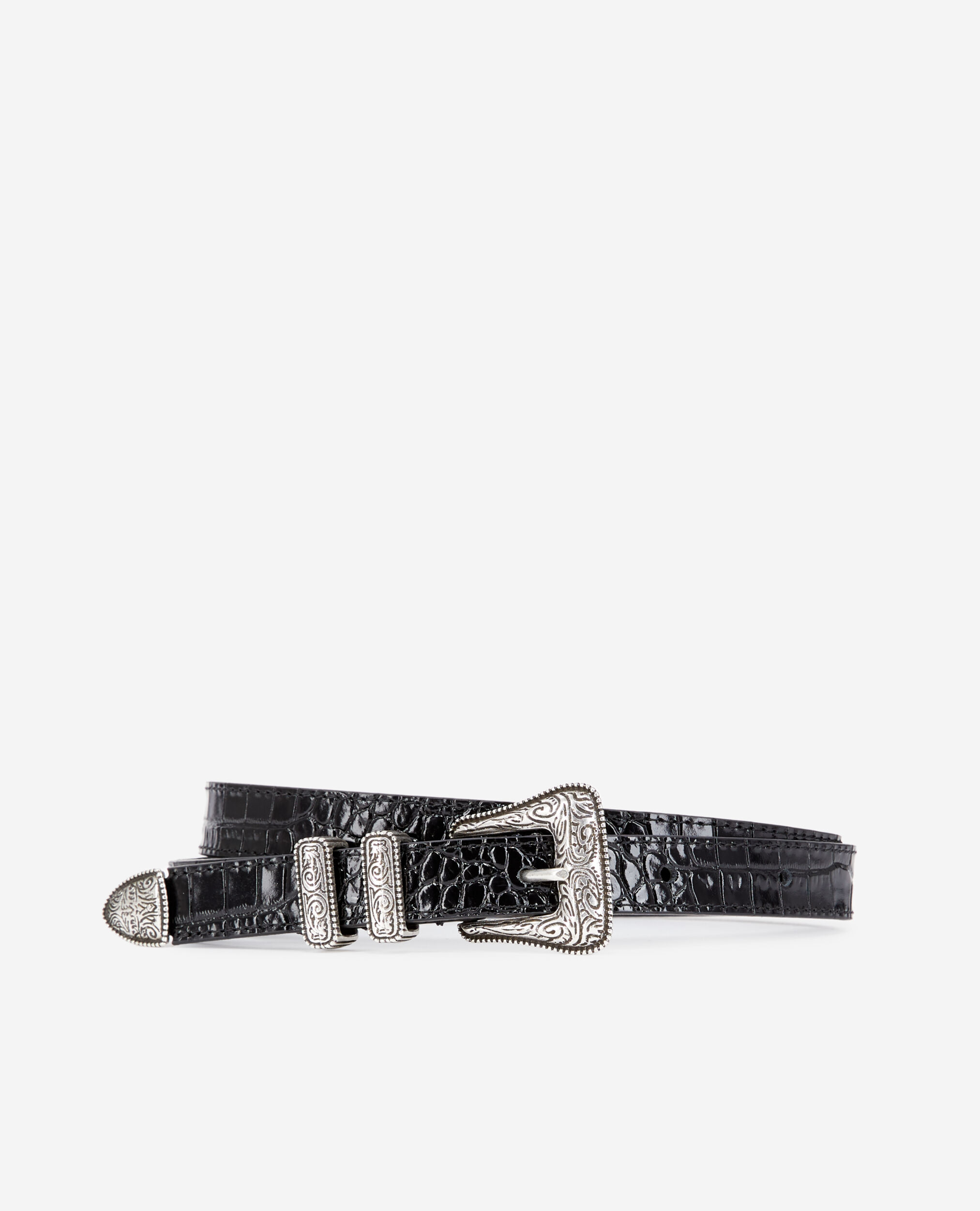 Black crocodile effect leather belt with Western buckle BLACK